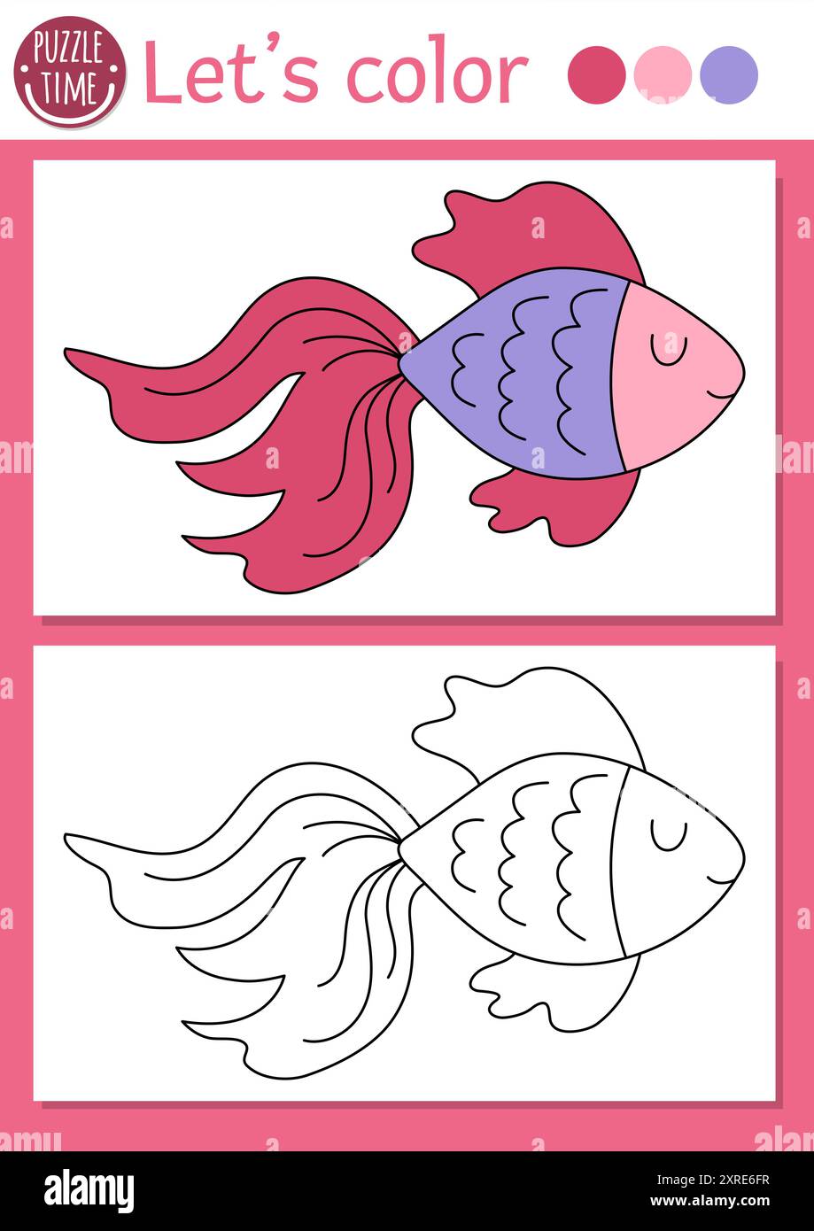 Page de coloriage Sirène pour les enfants avec du poisson rose mignon. Illustration vectorielle de contour de Royaume océanique. Livre de couleur pour les enfants avec exemple coloré. Underwate Illustration de Vecteur