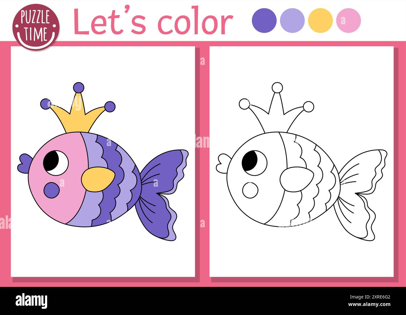 Page de coloriage Sirène pour les enfants avec des poissons mignons avec couronne. Illustration vectorielle de contour de Royaume océanique. Livre de couleur pour les enfants avec exemple coloré. Und Illustration de Vecteur