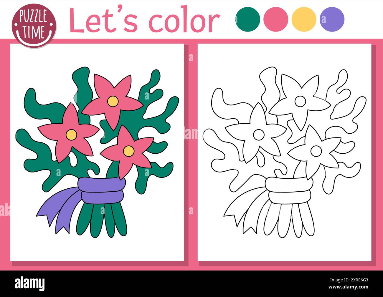 Page de coloriage Sirène pour les enfants avec bouquet d'algues mignonnes. Illustration vectorielle de contour de Royaume océanique. Livre de couleur pour les enfants avec exemple coloré. Un Illustration de Vecteur