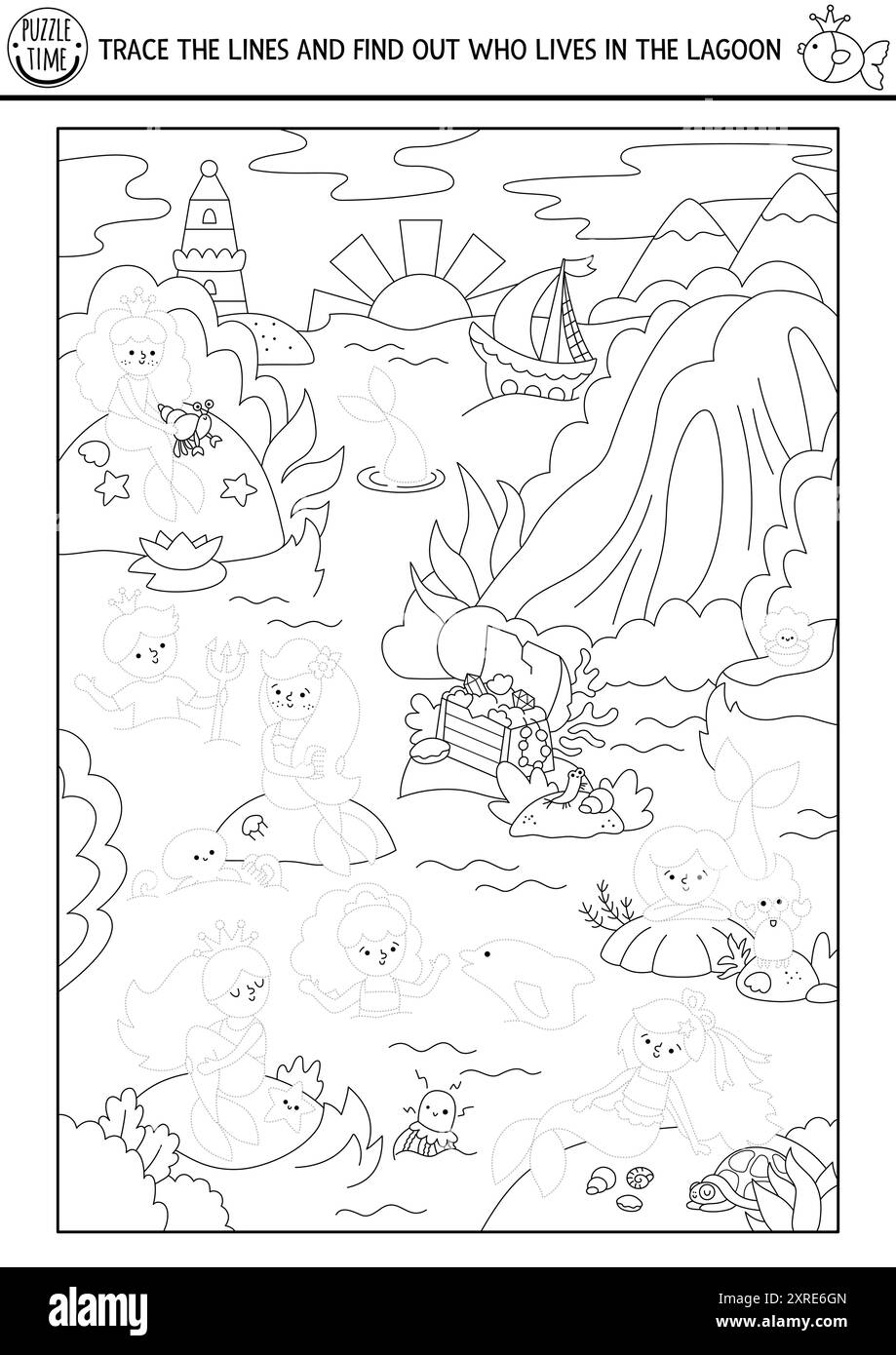 Joignez-vous aux points pour savoir qui vit dans Lagoon. Dessin de conte de fées vectoriel, feuille de travail de pratique de traçage avec paysage de Royaume sous-marin. Sirène printab Illustration de Vecteur