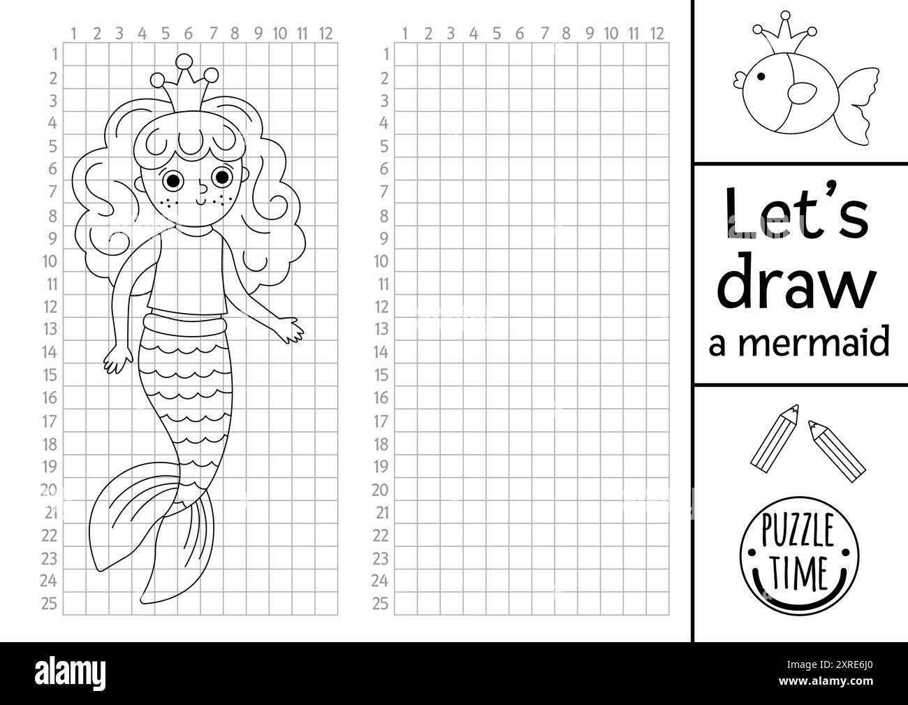 Dessine la sirène. Feuille de travail de pratique de dessin de Royaume d'océan de vecteur avec princesse de mer et grille avec des nombres. Activité de ligne imprimable sous-marine pour les enfants Illustration de Vecteur