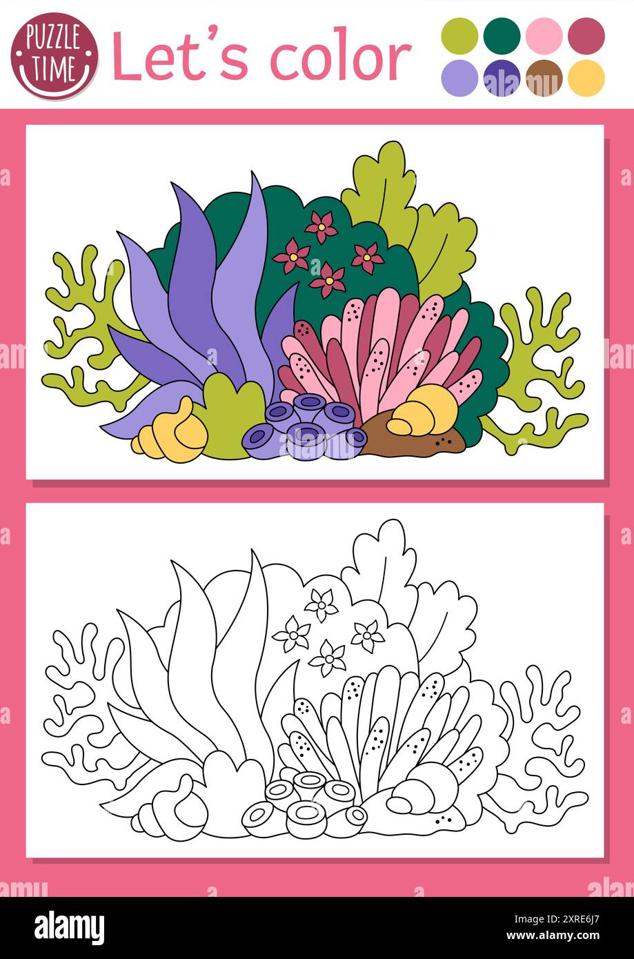 Page de coloriage Sirène pour les enfants avec des algues mignonnes. Illustration vectorielle de contour de Royaume océanique. Livre de couleur pour les enfants avec exemple coloré. Sous l'eau Illustration de Vecteur