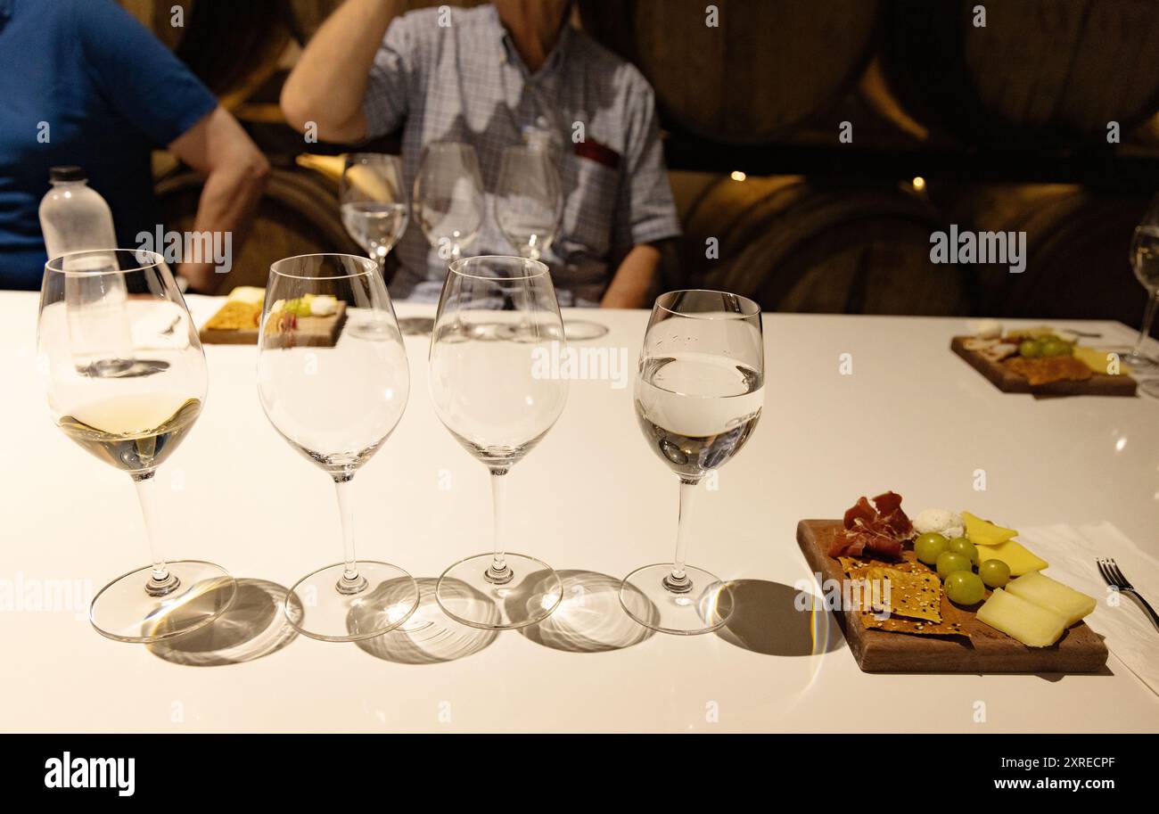 Table de dégustation de vin avec verres à vin, vin et nourriture ; cave Casa Madero, Mexique Banque D'Images