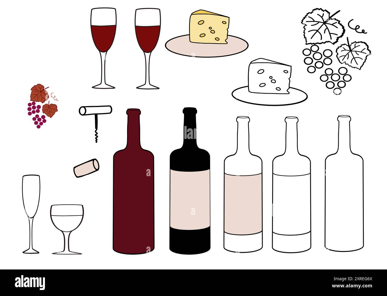 Ensemble de vin BIF avec bouteilles, verres, fromage et raisins dans un design artistique simple Illustration de Vecteur