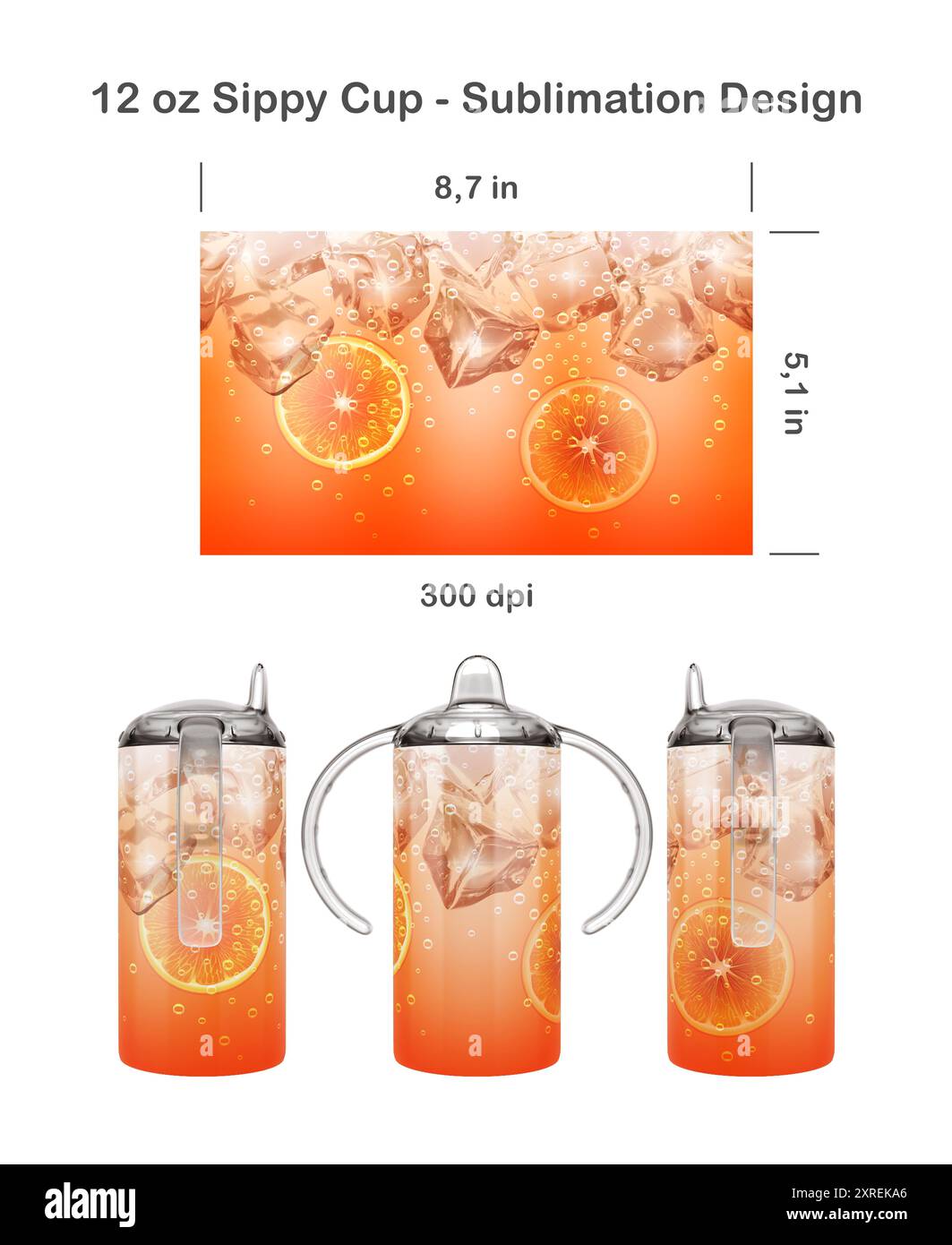 Motif de boisson Orange réaliste avec des glaçons. Modèle de sublimation sans couture pour 12 oz Kids Sippy Cup. Sans couture d'un bord à l'autre. Emballage pour tasse pleine. Banque D'Images