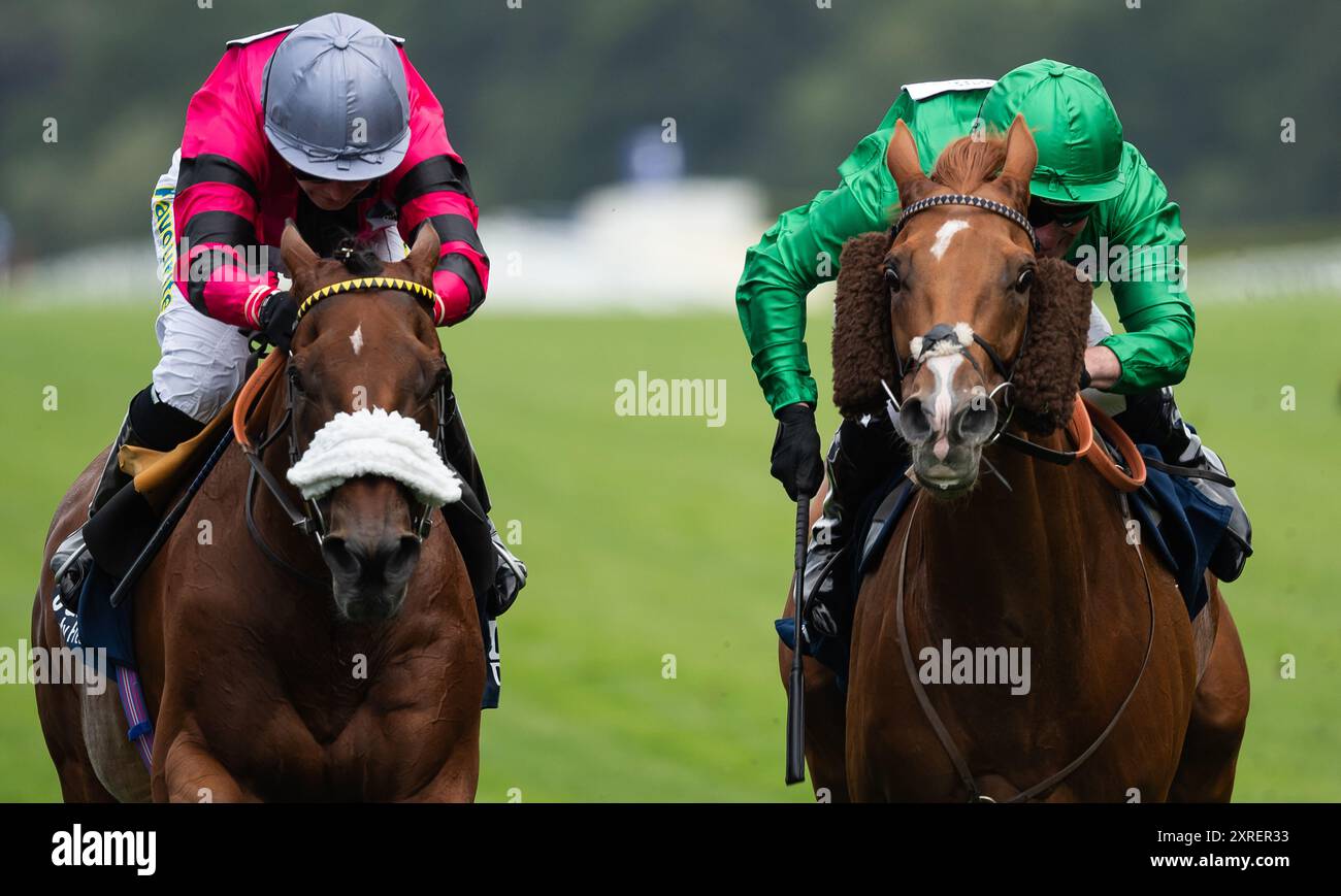 Ascot, Royaume-Uni. Samedi 10 août 2024. La main de ranch et la jockey Hayley Turner remportent la deuxième course lors de la Dubai Duty Free Shergar Cup Day à l’hippodrome d’Ascot, les Dubai Duty Free Shergar Cup Stayers, pour l’équipe féminine, l’entraîneur Andrew Balding et le propriétaire du Kingsclere Racing Club. Crédit JTW Equine images / Alamy Live News Banque D'Images