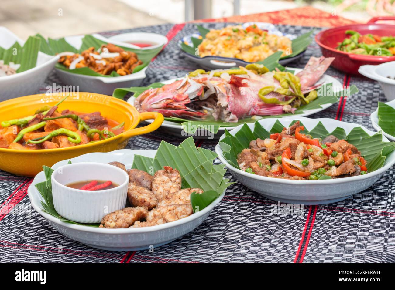Une sélection de plats traditionnels Ilocano composés de viande, de poisson et de légumes au restaurant la Preciosa à Laoag City, Philippines Banque D'Images Une sélection de plats traditionnels Ilocano composés de viande, de poisson et de légumes au restaurant la Preciosa à Laoag City, Philippines Banque D'Images
