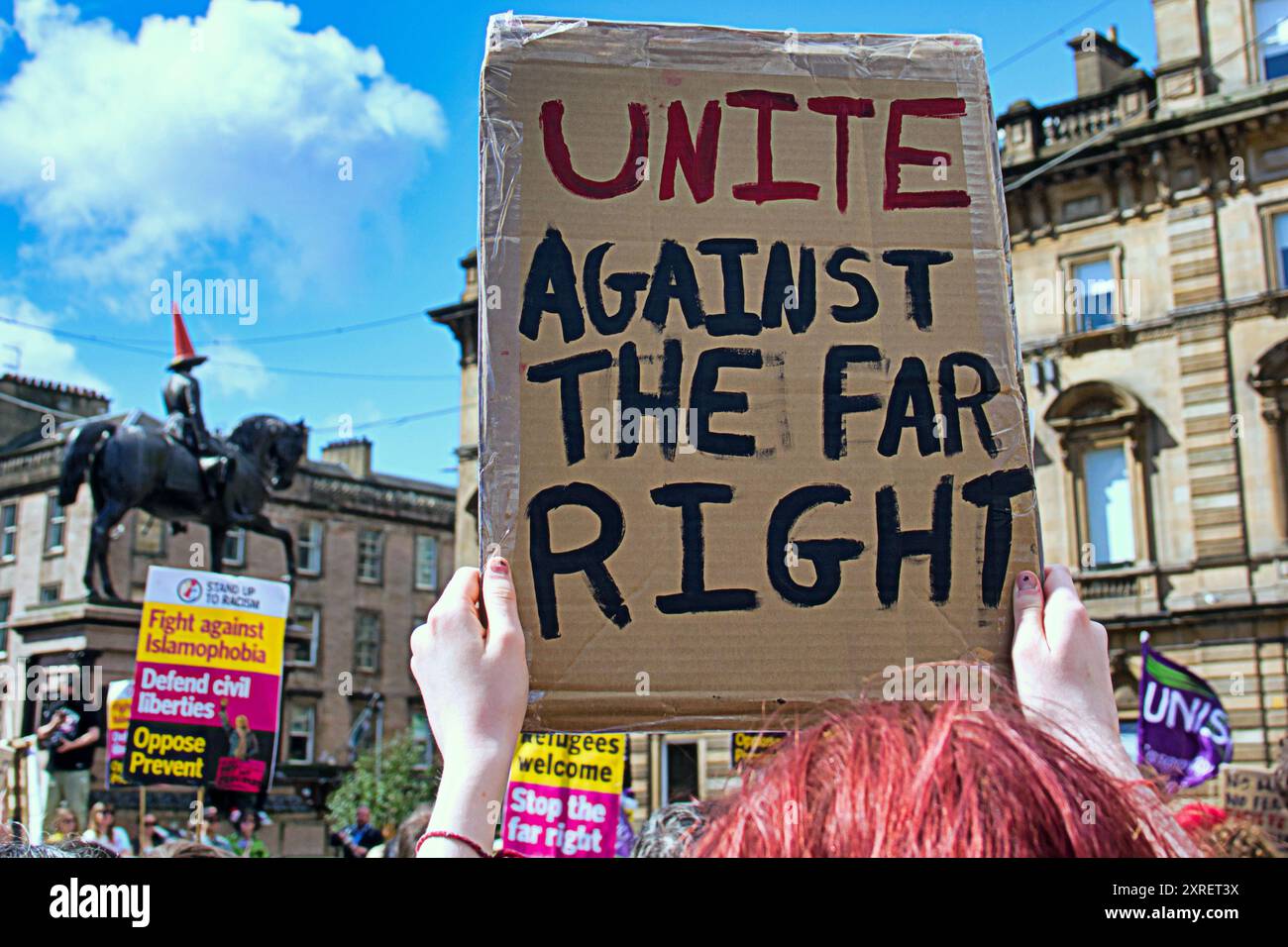 Glasgow, Écosse, Royaume-Uni.10 août 2024. Un rassemblement anti-faciste sur la place george a vu des milliers de personnes assister dans le centre de la ville. Crédit Gerard Ferry /Alamy Live News Banque D'Images