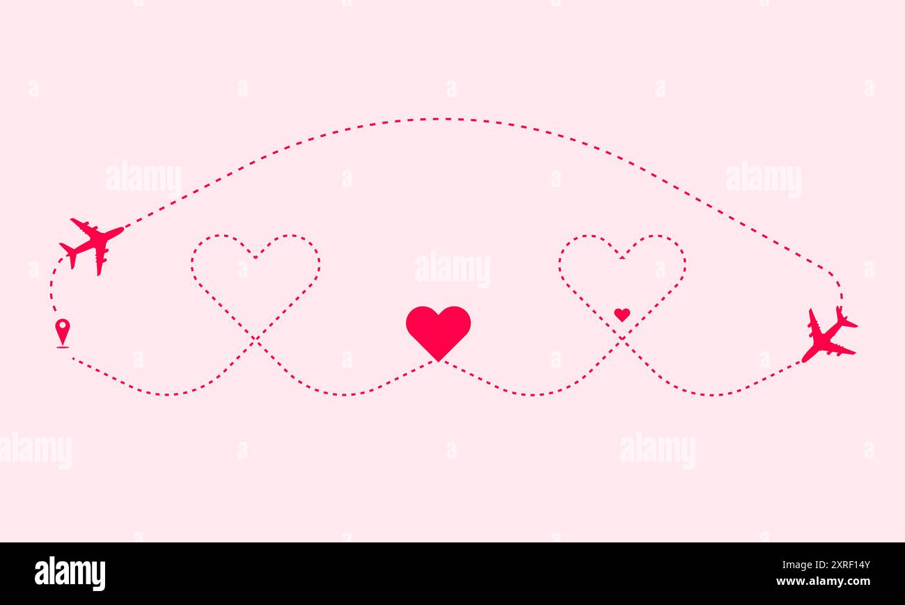 Chemin de ligne pointillée de coeur, itinéraire d'avion d'amour, un nouveau bébé né de belles lignes pointillées de coeur avec avion et broche de localisation Illustration de Vecteur
