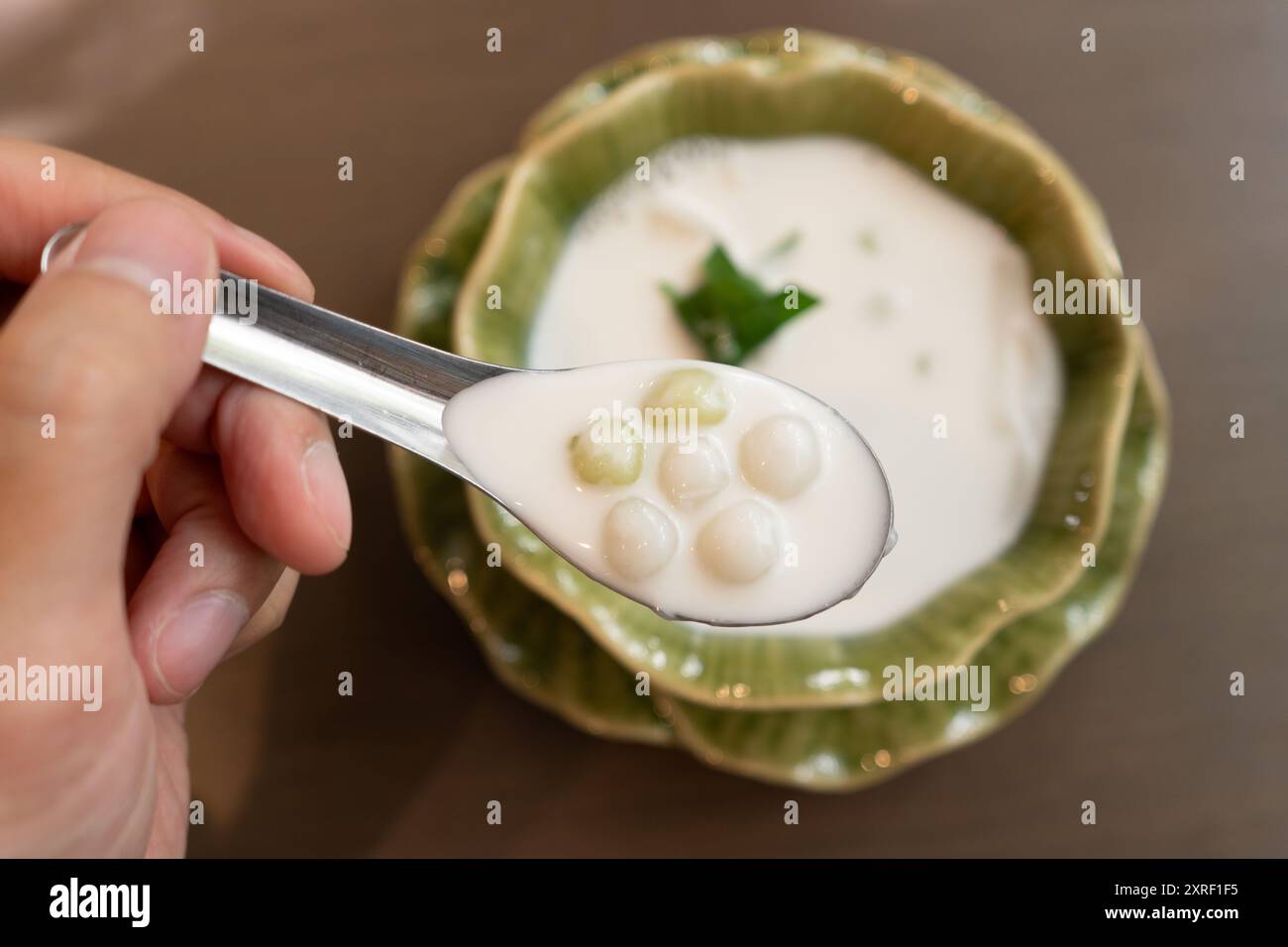 Bua Loy est un dessert thaïlandais traditionnel composé de boulettes de farine de riz gluantes dans du lait de coco. Les boules molles et mâcheuses sont généralement colorées, et parfois fi Banque D'Images
