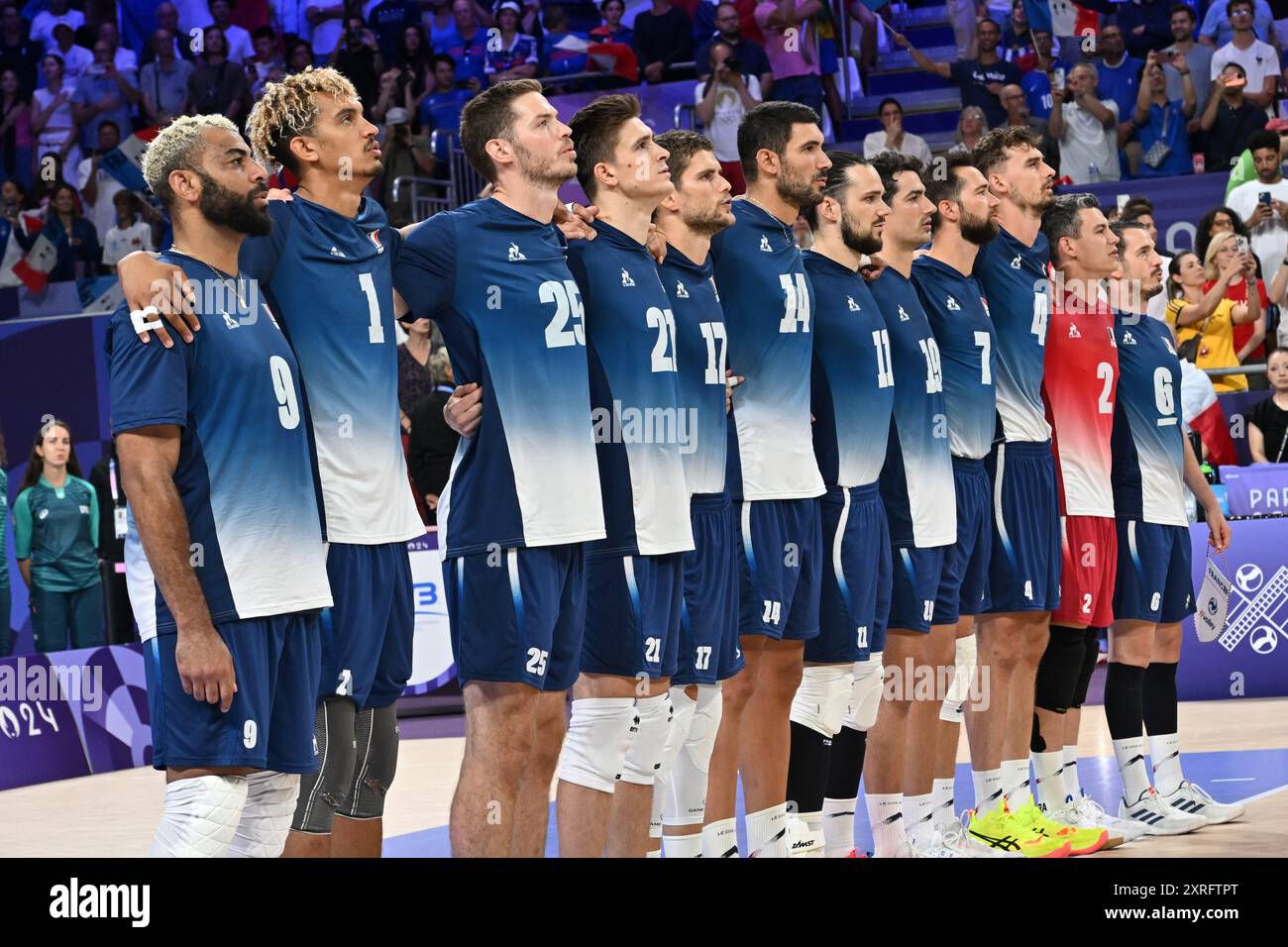 Paris, France. 10 août 2024. Équipe de France, volleyball, match pour la médaille d'or masculine entre la France et la Pologne lors des Jeux Olympiques de Paris 2024 le 10 août 2024 au South Paris Arena à Paris, France - photo Frederic Chambert/Panoramic/DPPI Media Credit : DPPI Media/Alamy Live News Banque D'Images