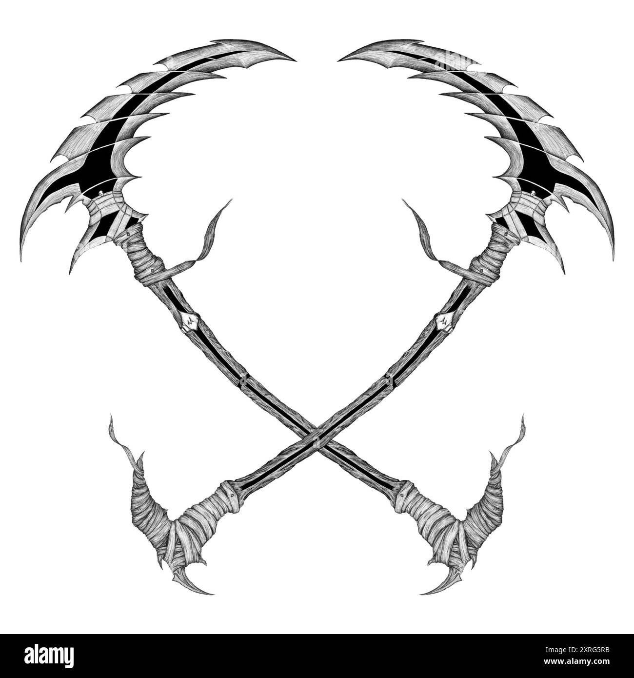 Arme de faux, concept art, art noir et blanc, conception de tatouage Banque D'Images Arme de faux, concept art, art noir et blanc, conception de tatouage Banque D'Images