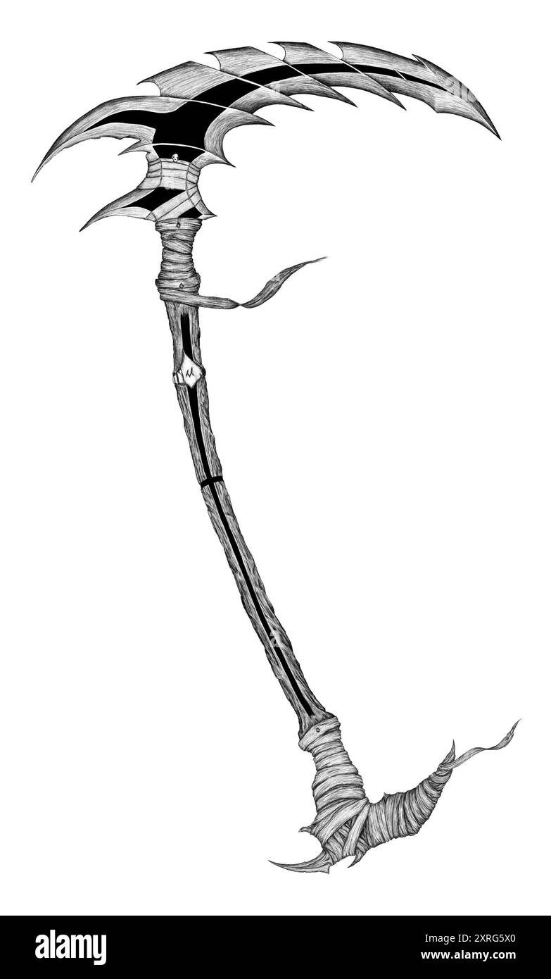 Arme de faux, concept art, art noir et blanc, conception de tatouage Banque D'Images Arme de faux, concept art, art noir et blanc, conception de tatouage Banque D'Images