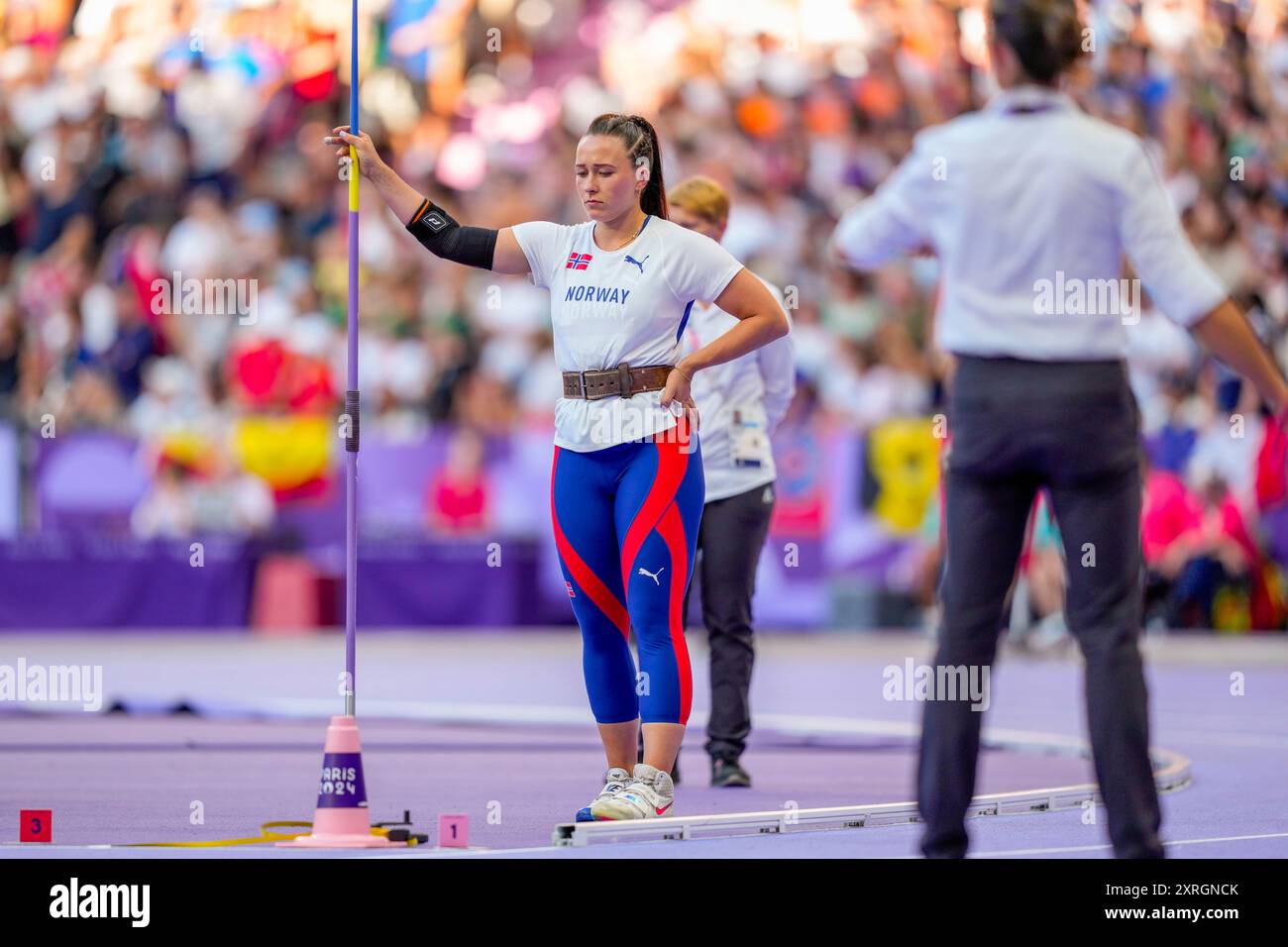 Paris, France 20240810. Marie-Thérèse Obst lors de la finale du javelot d'athlétisme féminin au stade de France lors des Jeux olympiques d'été de Paris 2024. Photo : Beate Oma Dahle / NTB Banque D'Images