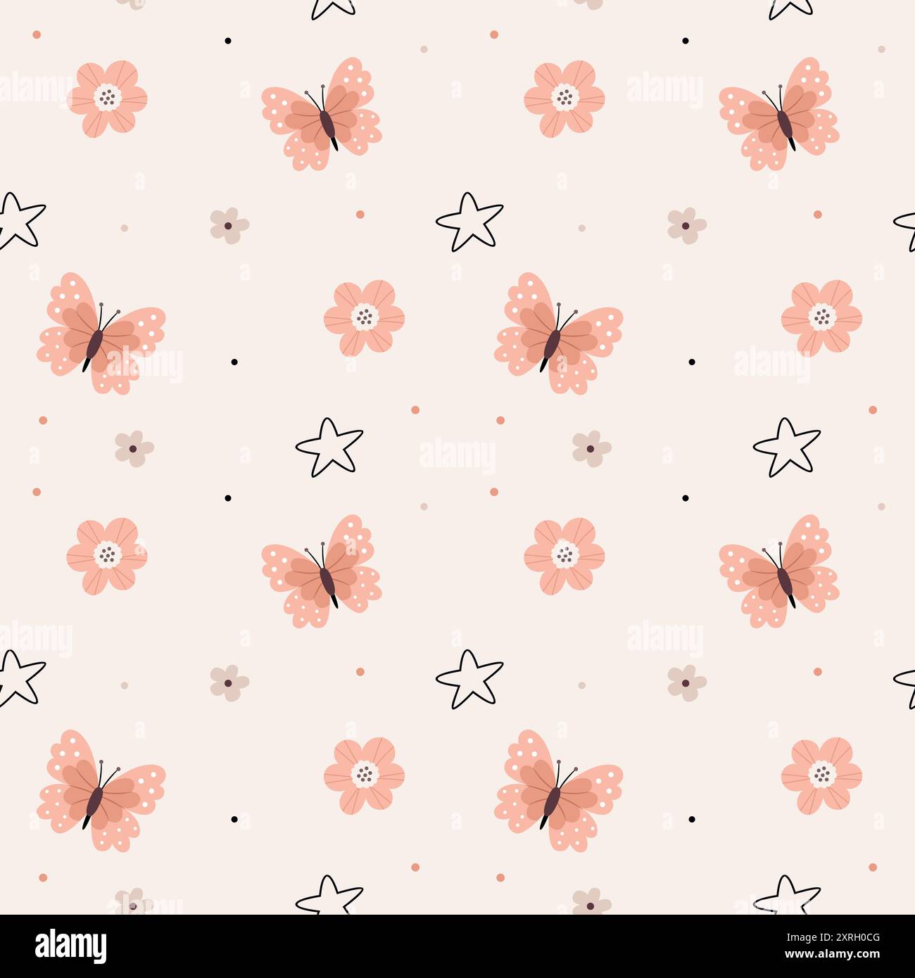 Motif mignon dans le style scandinave, boho, minimalisme dans des couleurs pastel neutres beige. Papillons, étoiles et fleurs. Décor pour la pépinière, douche de bébé, Illustration de Vecteur