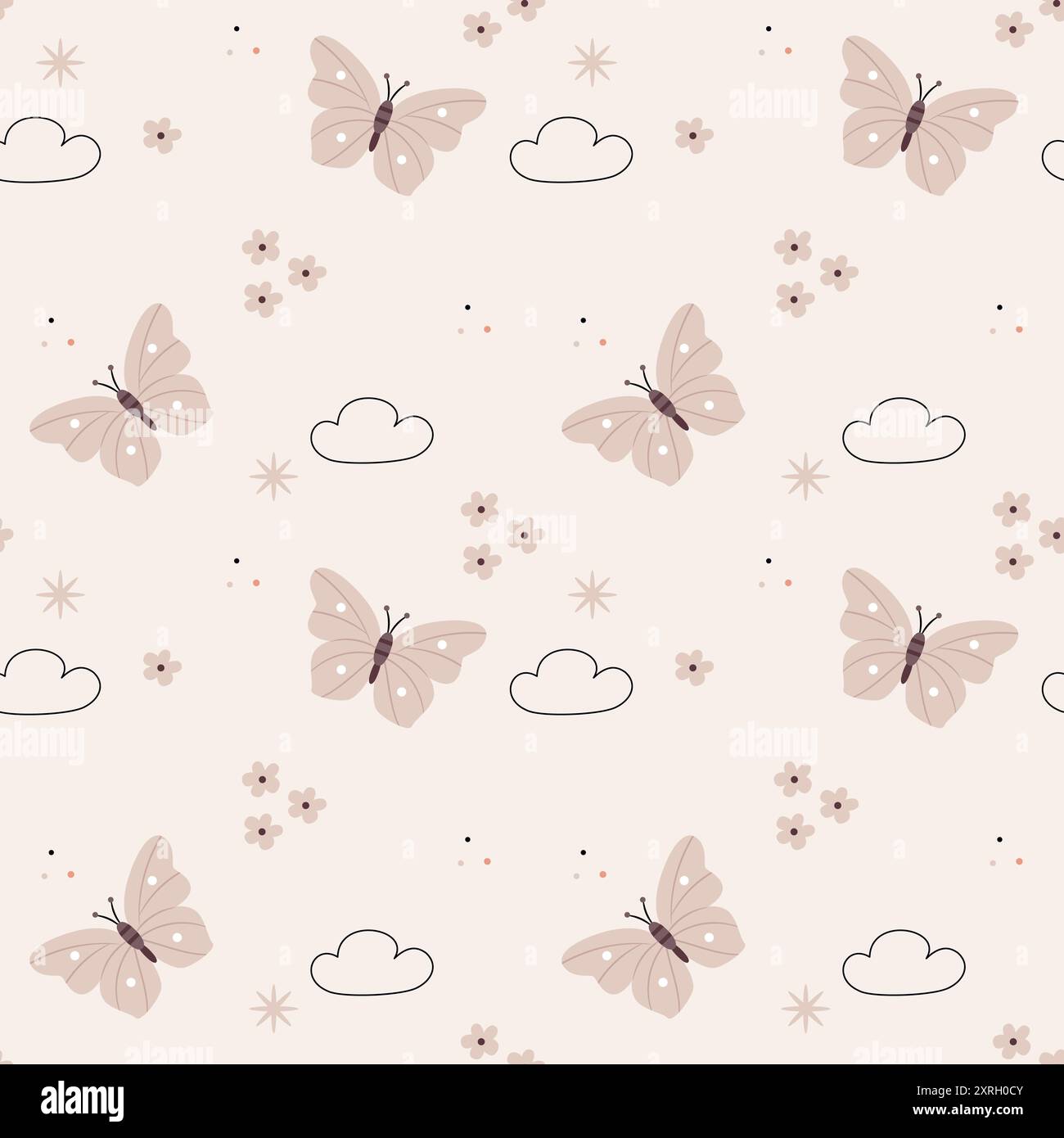 Motif mignon dans le style scandinave, boho, minimalisme dans des couleurs pastel neutres beige. Petites fleurs et papillons. Décor pour la pépinière, douche de bébé, Illustration de Vecteur