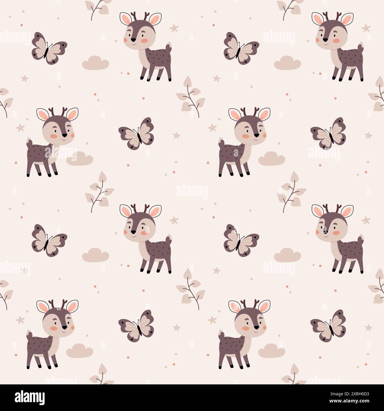 Motif mignon dans le style scandinave, boho, minimalisme dans des couleurs pastel neutres beige. Papillons, nuages et cerfs. Décor pour la pépinière, douche de bébé, Illustration de Vecteur