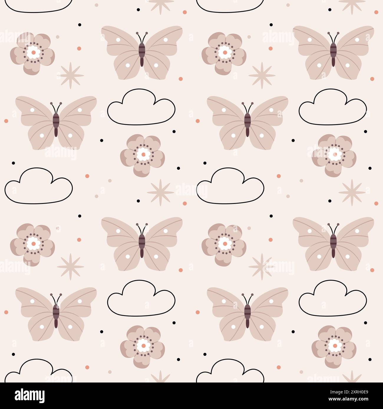 Motif mignon dans le style scandinave, boho, minimalisme dans des couleurs pastel neutres beige. Papillons, nuages et fleurs. Décor pour la crèche, douche de bébé Illustration de Vecteur