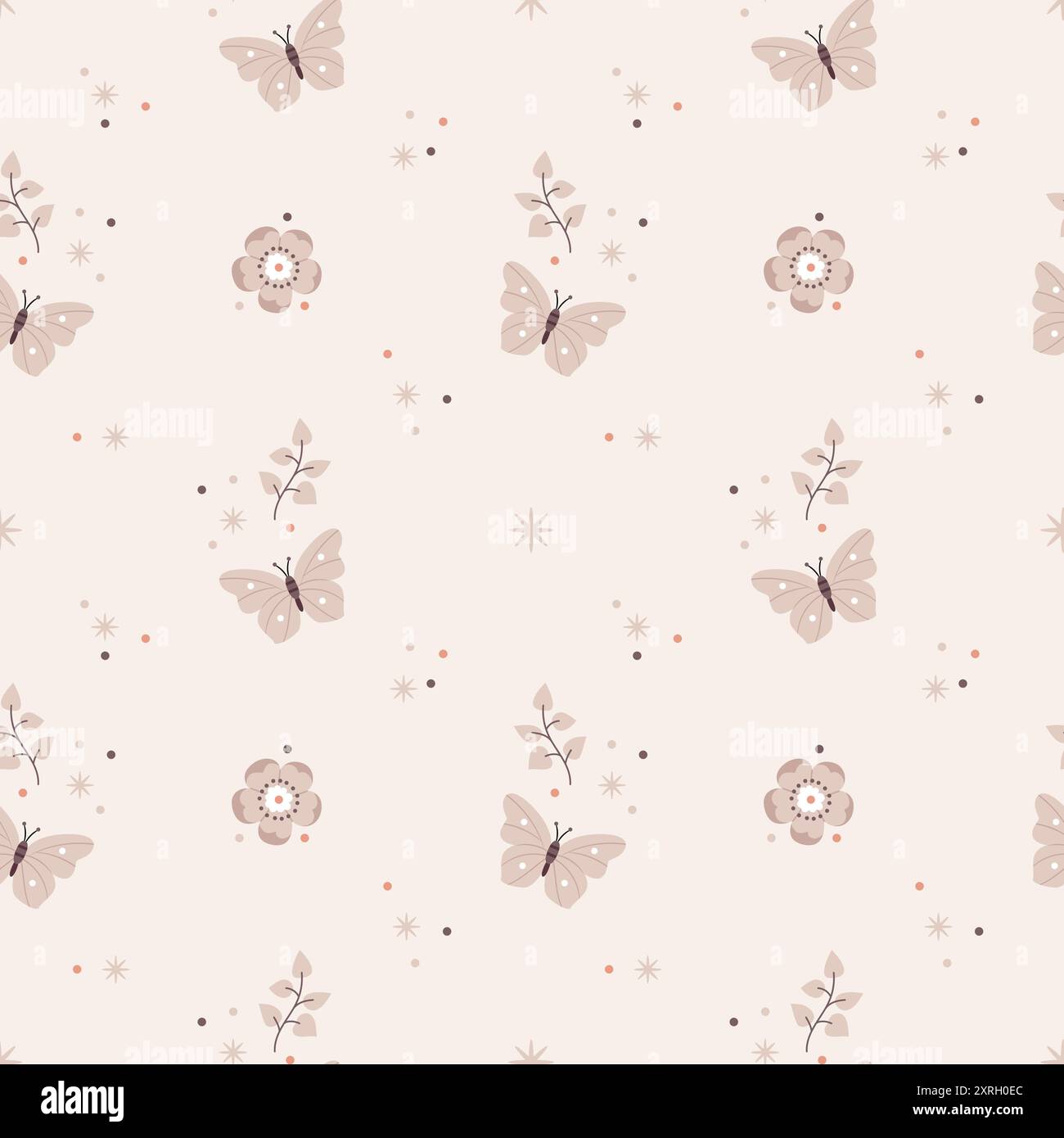 Motif mignon dans le style scandinave, boho, minimalisme dans des couleurs pastel neutres beige. Petites fleurs et papillons. Décor pour la pépinière, douche de bébé, Illustration de Vecteur