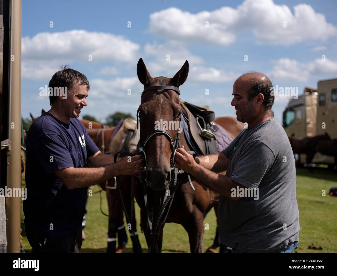 Un cheval préparé pour un match de polo au Phoenix Park dans la ville de Dublin, en Irlande. Banque D'Images