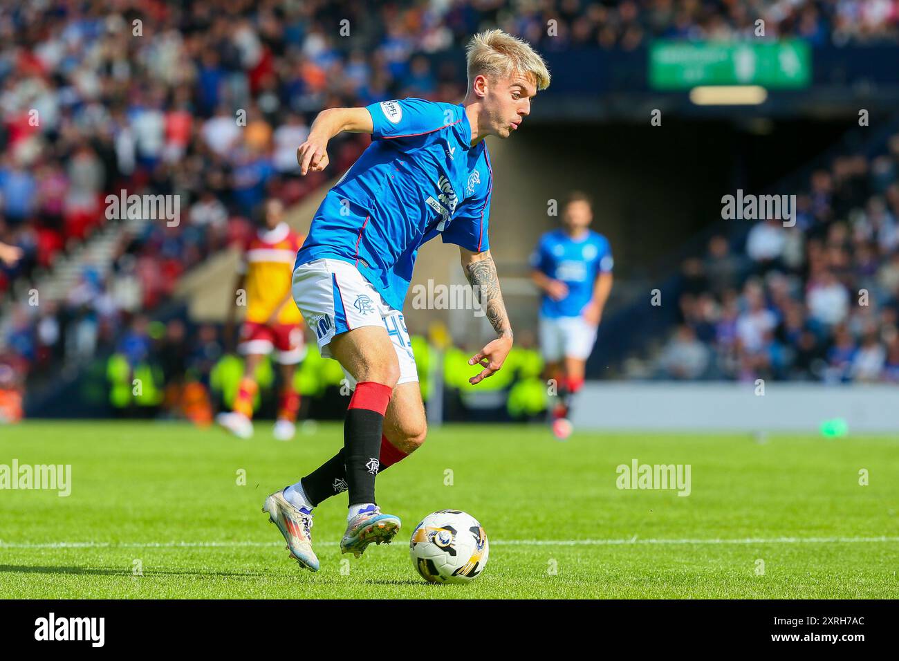 Glasgow, Royaume-Uni. 10 août 2024. Les Rangers ont joué à Motherwell dans le premier match à domicile pour les Rangers, joués au Hampden Park, Glasgow parce que le stade Ibrox, le terrain de résidence des Rangers, est en rénovation. Le score final était Rangers 2 - 1 Motherwell. Les buts ont été marqués par Dessers, Cerny et un OG par Propper. Crédit : Findlay/Alamy Live News Banque D'Images