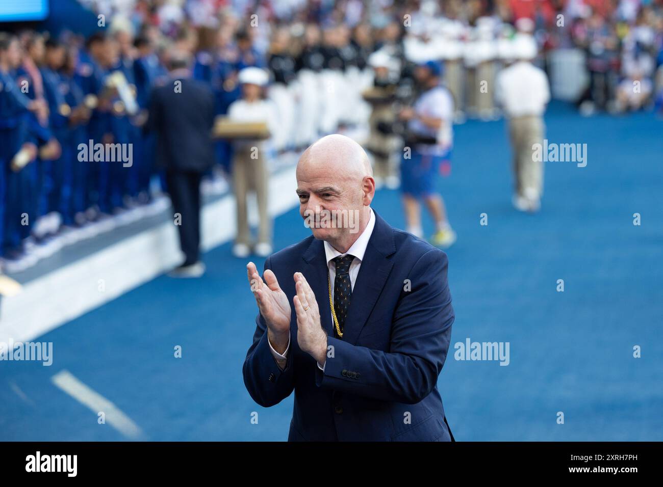 Paris, France. 10 août 2024. Paris, France, le 10 août 2024 : le président de la FIFA Gianni Infantino est vu lors de la médaille Cermony aux Jeux Olympiques Paris 2024 Women Gold Medal Football match entre le Brésil et les États-Unis au Parc des Princes à Paris, France. (ANE Frosaker/SPP) crédit : SPP Sport Press photo. /Alamy Live News Banque D'Images