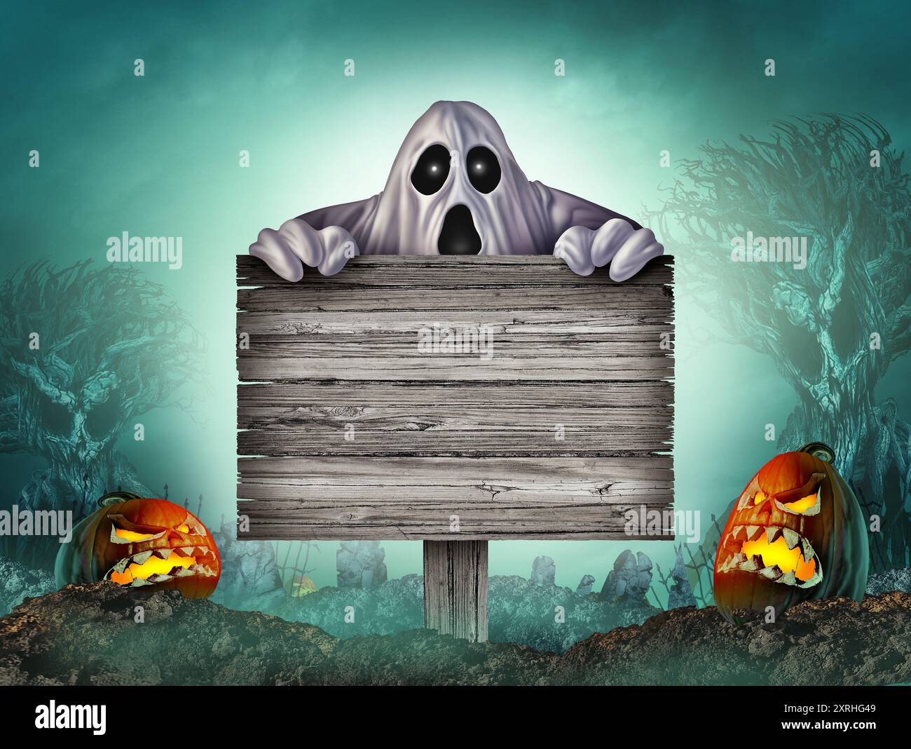 Signe rustique fantôme d'Halloween dans un fond de cimetière de nuit effrayant comme signe grunge de tombe cemétaire de la saison d'automne et effrayant jack o lanterne Banque D'Images