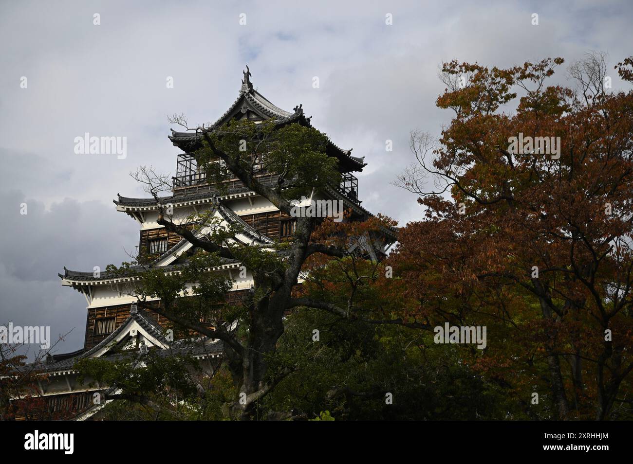 Paysage avec vue panoramique sur Hiroshima-jō le monument historique connu sous le nom de Château de Carpe à Hiroshima, Japon. Banque D'Images