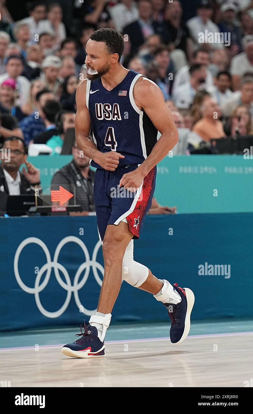 Paris, France. 10 août 2024. Guerschon Yabusele, des États-Unis, réagit après le match pour la médaille d'or en basketball masculin entre les États-Unis et la France aux Jeux Olympiques de Paris 2024, à Paris, France, le 10 août 2024. Crédit : Meng Yongmin/Xinhua/Alamy Live News Banque D'Images