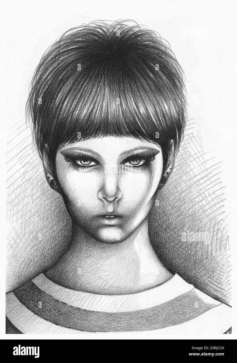 L'image est un dessin au crayon noir et blanc du visage d'une femme avec une coiffure des années 1960, avec une expression intense et énigmatique. Banque D'Images