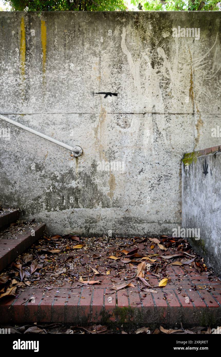 L'exploration urbaine révèle un dessin grossier sur un mur grungy représentant une arme à feu de style militaire telle qu'une AR-15 au-dessus d'un escalier recouvert de feuilles. Banque D'Images