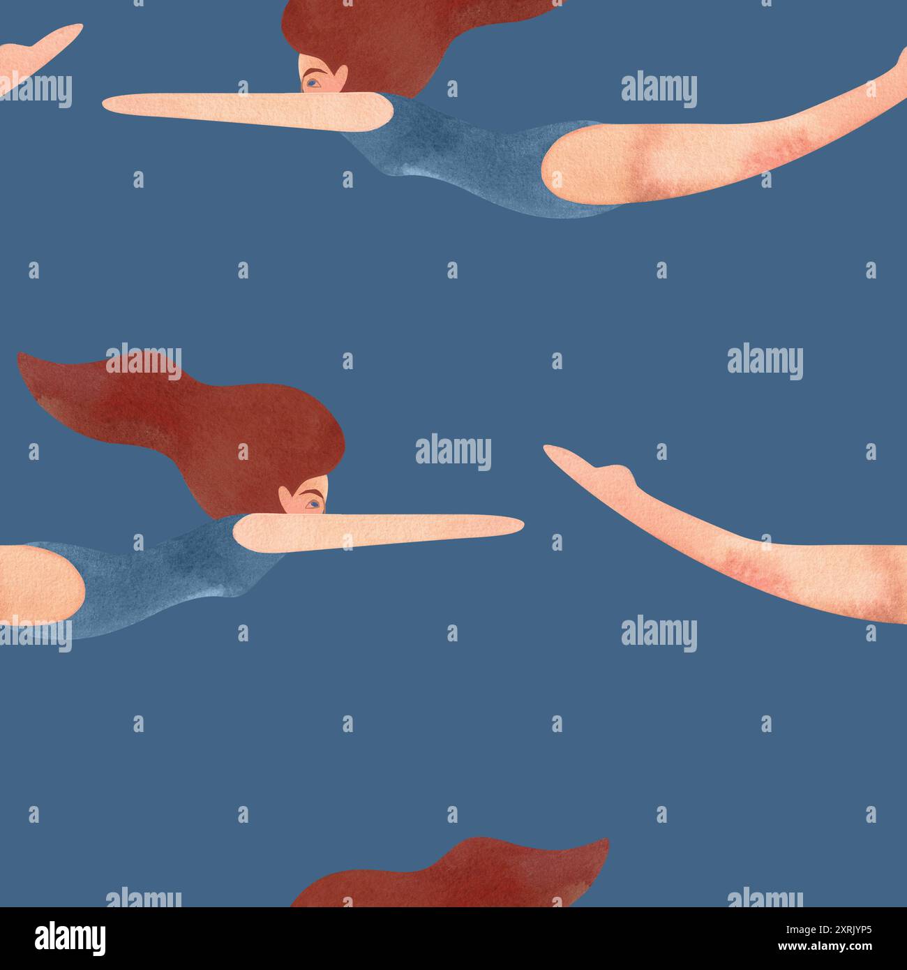 Motif sans couture avec des femmes flottantes dans un style vintage. Natation. Illustration aquarelle sur fond bleu Banque D'Images