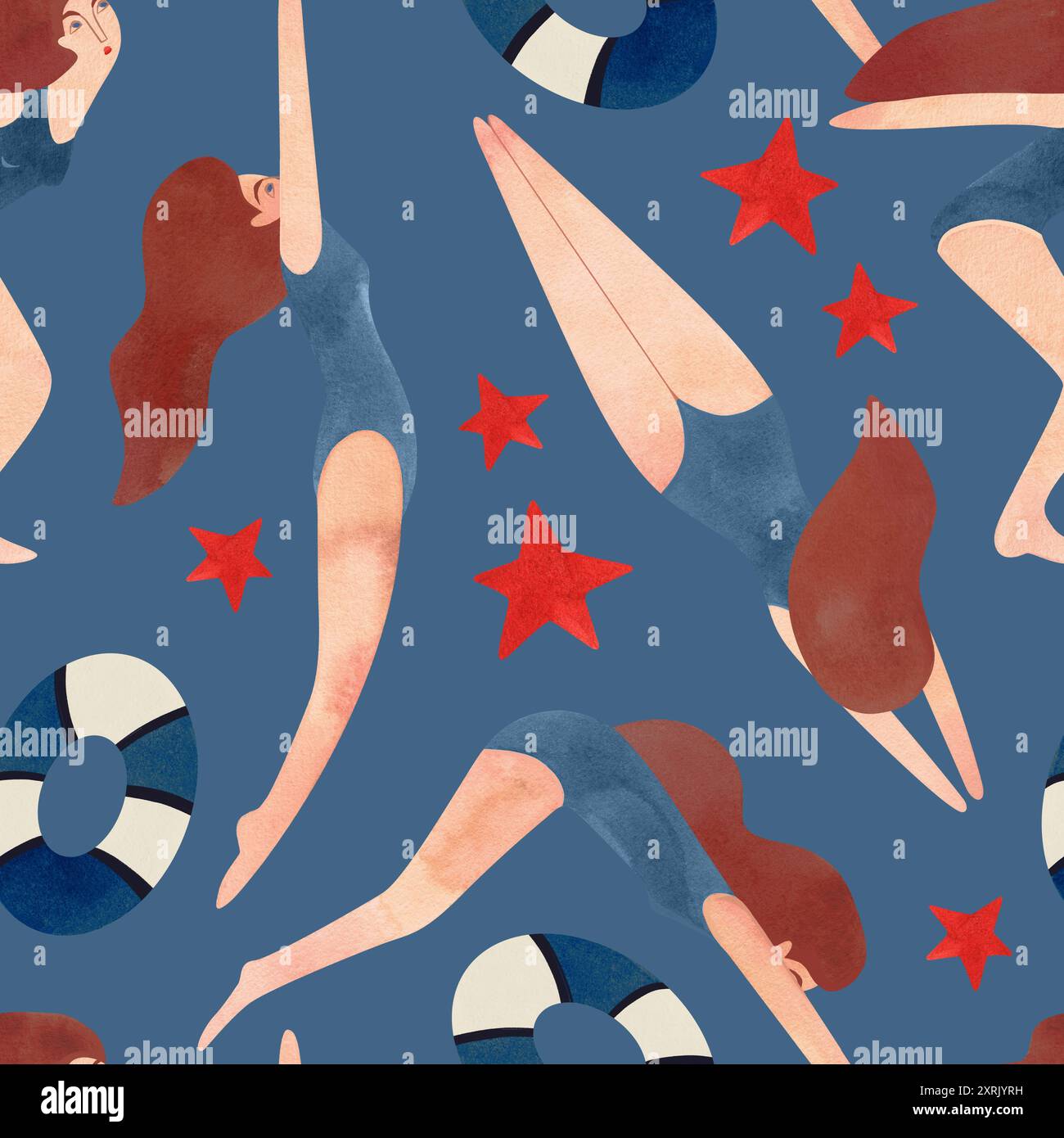 Motif sans couture avec des femmes flottantes dans un style vintage. Natation. Illustration aquarelle sur fond bleu Banque D'Images
