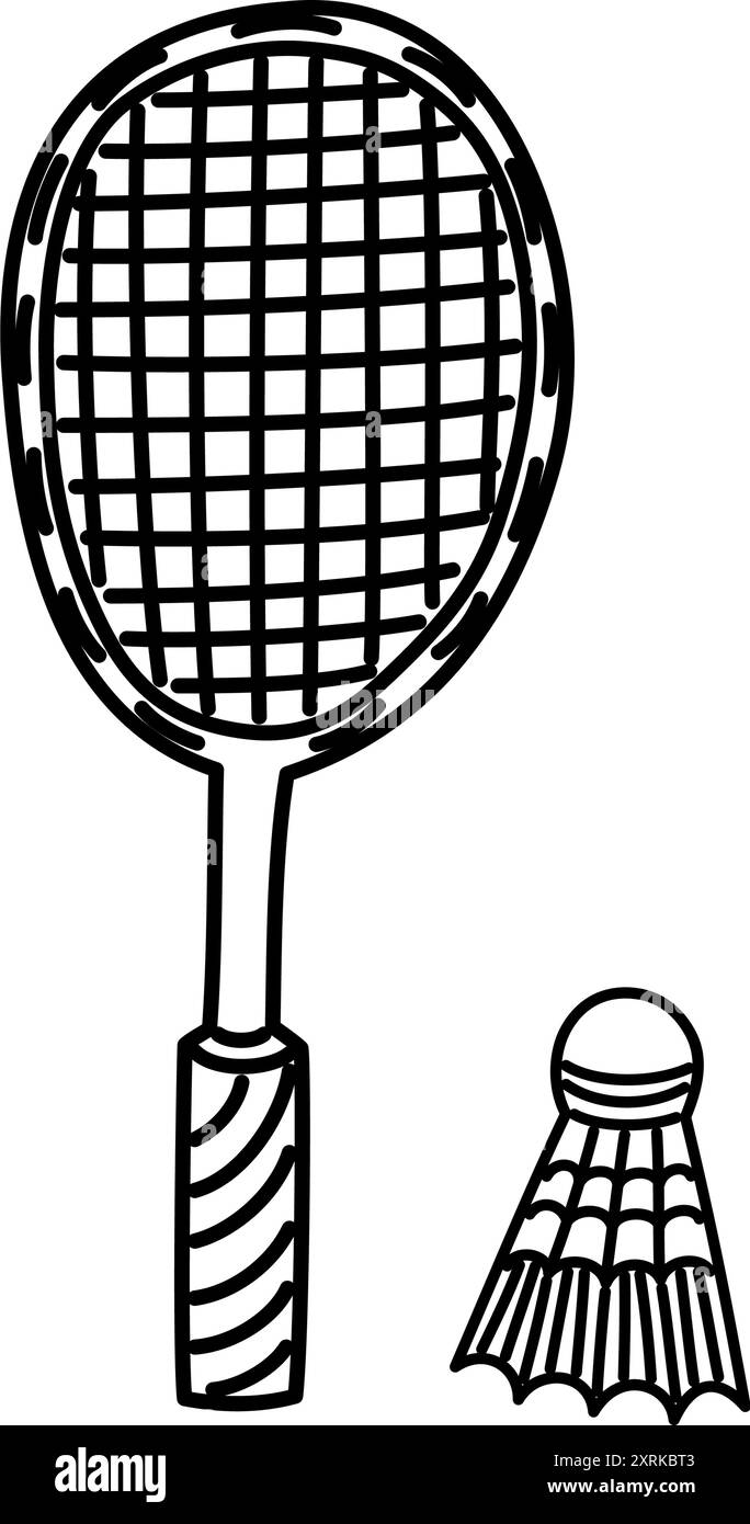 Raquette de badminton avec volant icône dessinée à la main. Contour noir de l'équipement de badminton. Dessin d'équipement de sport. Illustration de Vecteur