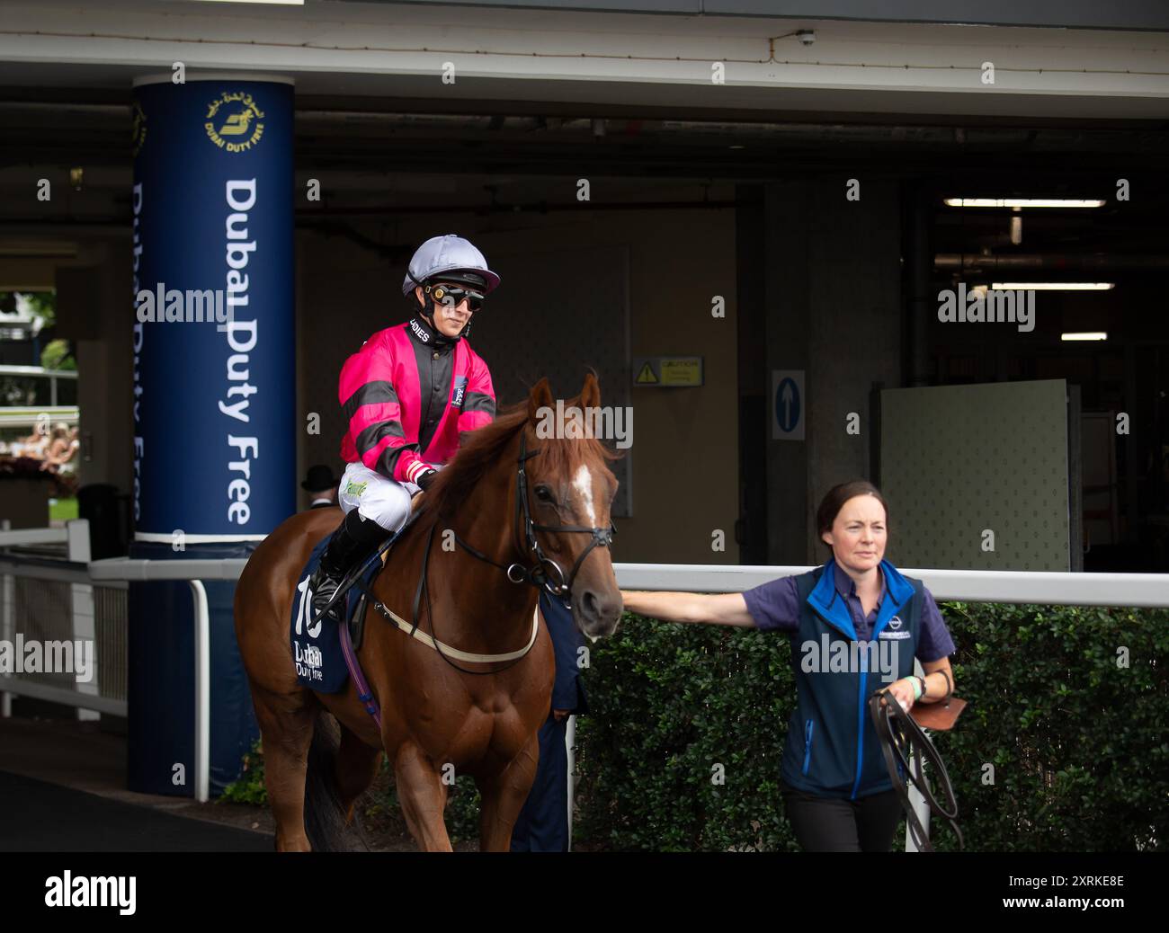 10 août 2024. MUKER monté par le jockey Hayley Turner se dirige sur le circuit pour la Dubai Duty Free Shergar Cup Dash (handicap de classe 2) à la Dubai Duty Free Shergar Cup à Ascot Racecourse dans le Berkshire. Propriétaire Peter Blyth et associé, entraîneur Nigel Tinkler, Malton, éleveur Mr Joe & June Staunton, commanditaire Alexanders York. Crédit : Maureen McLean/Alamy Banque D'Images