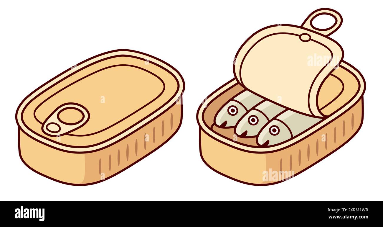 Dessin de dessins animés de conserves de poisson. Boîte ouverte et fermée de sardines ou d'anchois. Illustration clip art vectorielle isolée. Illustration de Vecteur