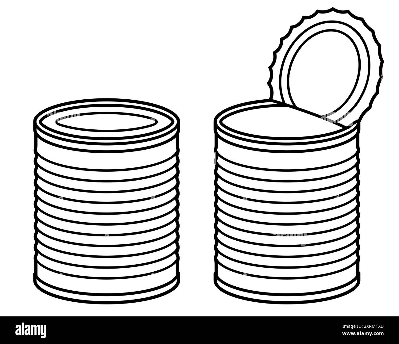 Dessin de dessin au trait noir et blanc de boîte de conserve, fermé et ouvert. Illustration clip art vectorielle simple. Illustration de Vecteur