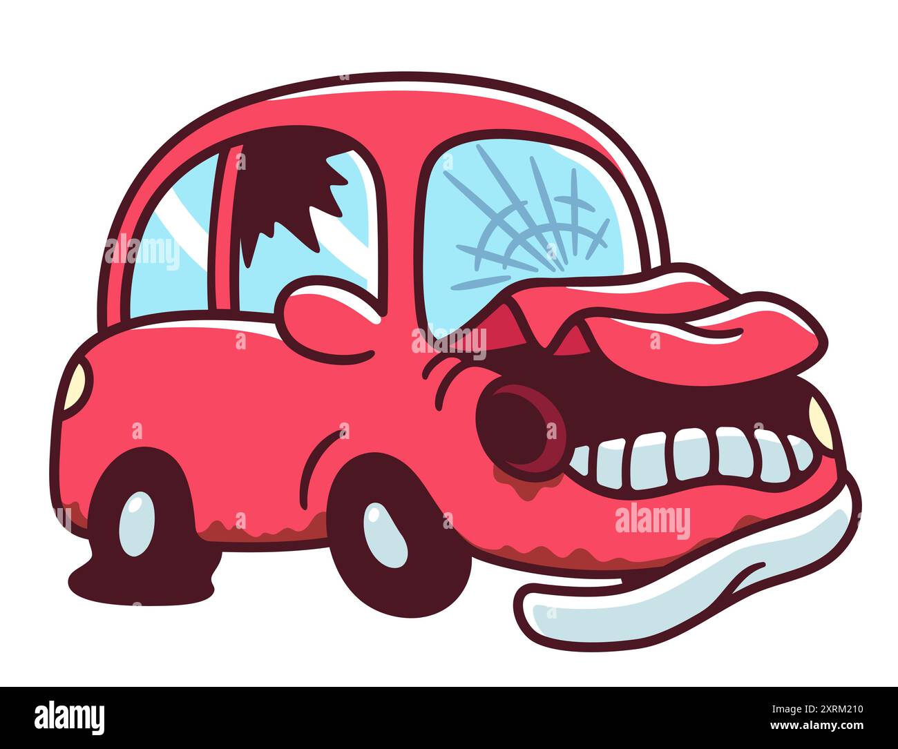 Vieux dessin de voiture de jonque naufragée. Voiture rouge de dessin animé mignonne avec des fenêtres cassées, des pneus à plat et de la rouille. Illustration clip art vectorielle isolée. Illustration de Vecteur