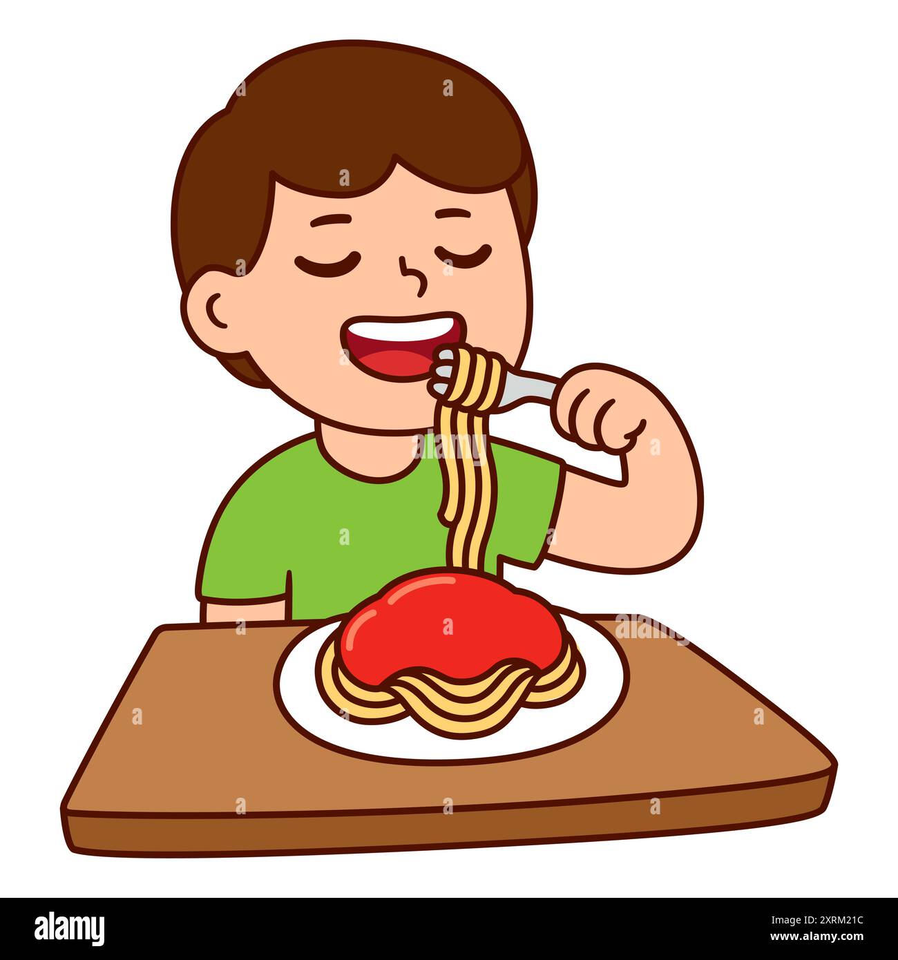 Garçon de dessin animé mignon mangeant des spaghettis dessin. Enfant heureux mangeant le dîner, illustration vectorielle. Illustration de Vecteur