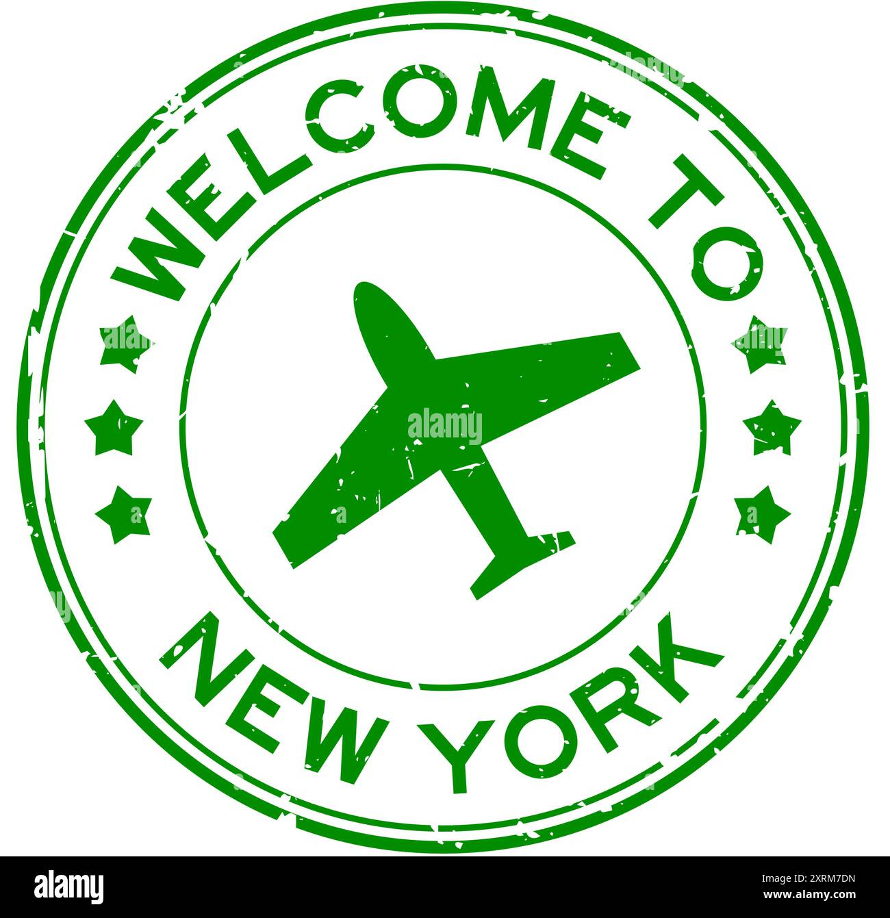 Grunge vert bienvenue à New york avec l'icône d'avion timbre de joint en caoutchouc rond sur fond blanc Illustration de Vecteur