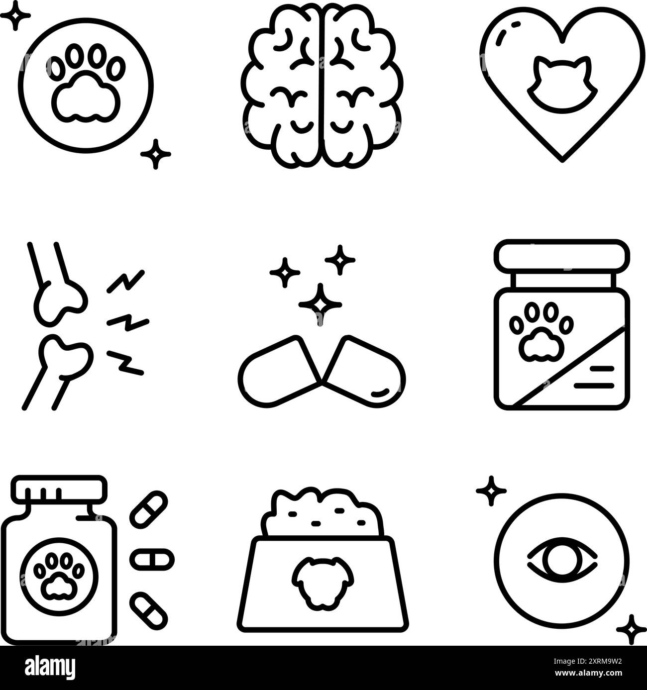 Icônes de contour de vitamines pour animaux de compagnie définies. Différents types de médicaments pour animaux de compagnie, vitamines et suppléments. Icônes vectorielles simples pour ui et ux, site Web ou mob Illustration de Vecteur