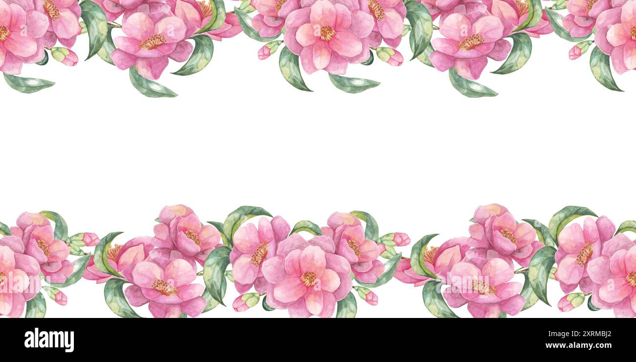 Les fleurs de Camellia japonica avec des feuilles vertes luxuriantes créent une bordure florale sans couture sur ce clipart aquarelle. Ce design élégant est parfait pour améliorer les invitations, les étiquettes ou les projets d'artisanat de bricolage. Banque D'Images