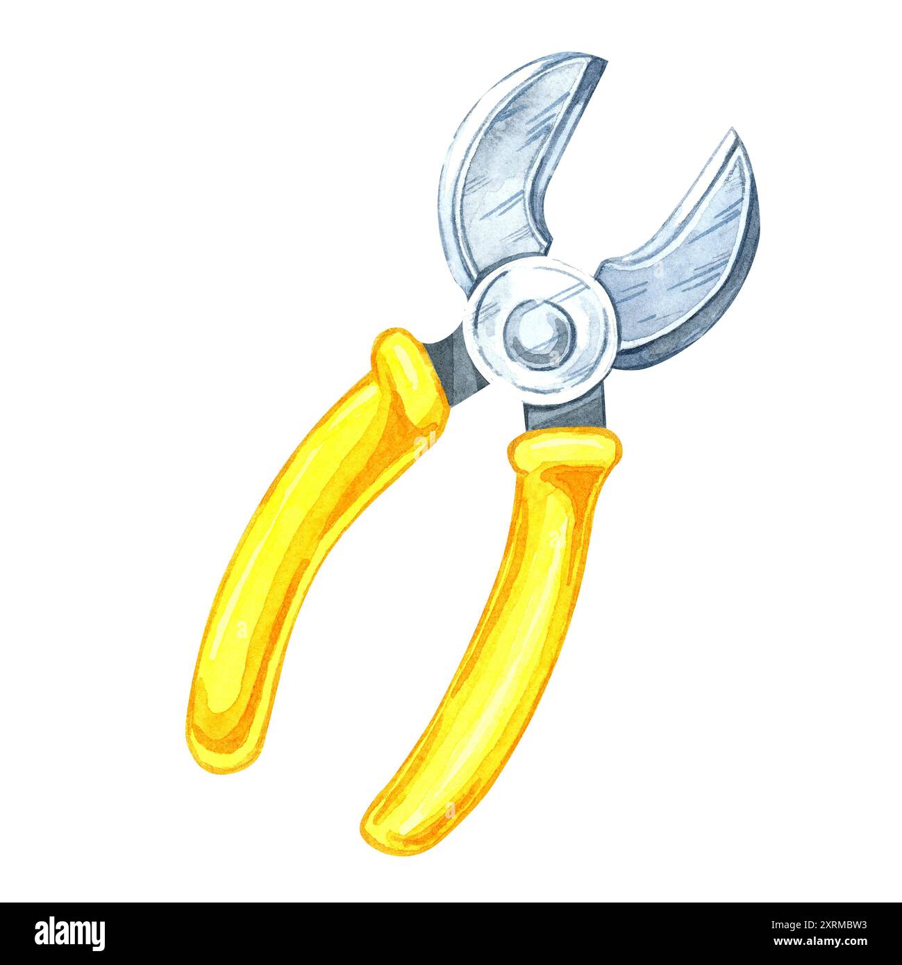 Coupe-fil avec poignées jaune vif et tranchant métallique pointu. Clipart aquarelle de l'outil atelier. Idéal pour les conceptions liées à l'électronique, le marquage des outils ou les supports pédagogiques Banque D'Images