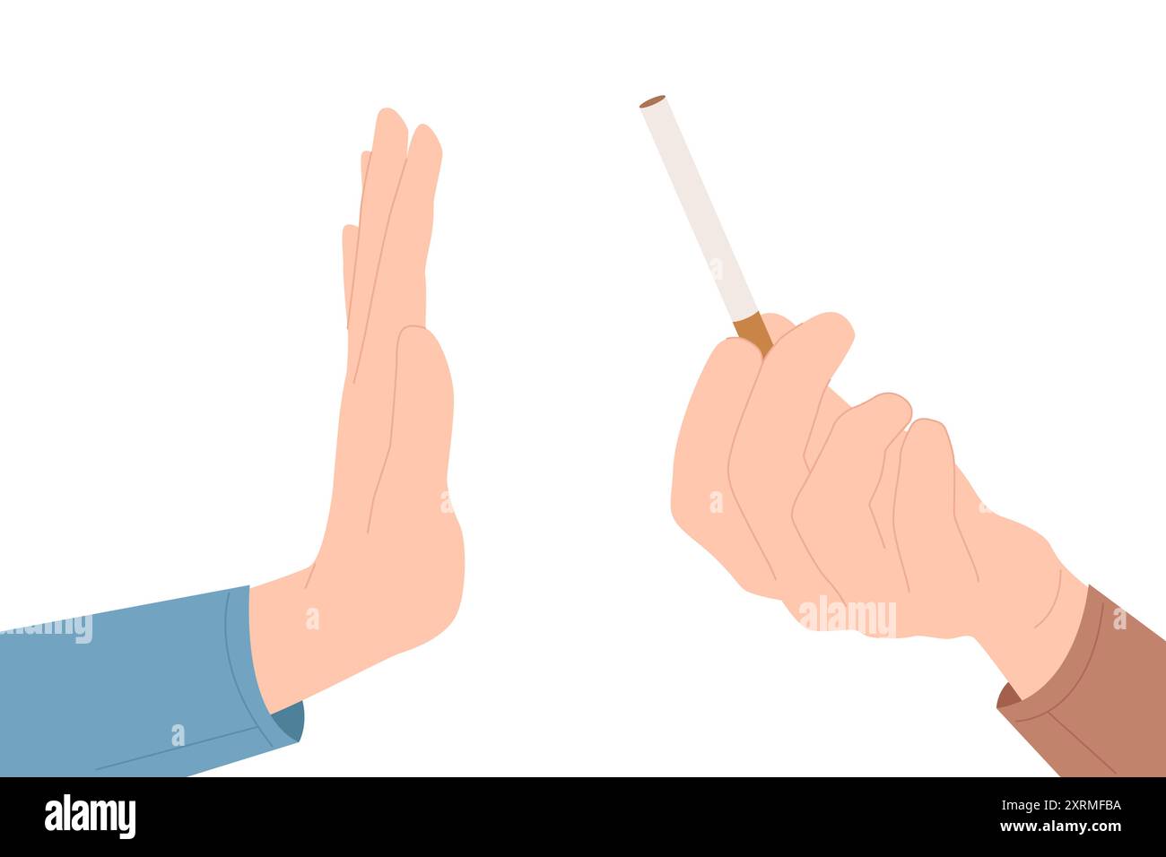 Le rejet du tabac, la dépendance et les comportements malsains gagnent. Scène avec la main du fumeur et du toxicomane offrant la cigarette de tabac à la personne avec le geste d'arrêt de refus de fumer illustration vectorielle de dessin animé Illustration de Vecteur