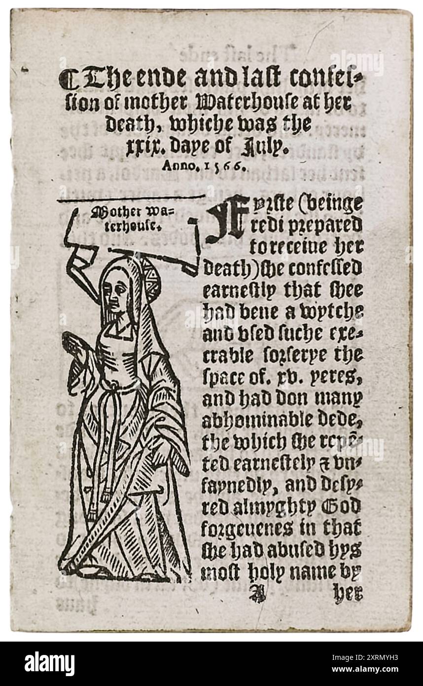 Agnes Waterhouse (1503-1566), également connue sous le nom de «Mother Waterhouse», a été jugée à Chelmsford en 1566 pour avoir utilisé la sorcellerie pour causer la maladie à William Fynne et a été l'une des premières femmes exécutées pour sorcellerie en Angleterre. Gravure sur bois tirée d'une brochure tirée de l'examen et de la confession de certains Wytches à Chensforde dans le comté d'Essex devant les Quenes Maiesties Judges the XXVI daye of July anno 1566 par John Phillips publié en 1566. Banque D'Images Agnes Waterhouse (1503-1566), également connue sous le nom de «Mother Waterhouse», a été jugée à Chelmsford en 1566 pour avoir utilisé la sorcellerie pour causer la maladie à William Fynne et a été l'une des premières femmes exécutées pour sorcellerie en Angleterre. Gravure sur bois tirée d'une brochure tirée de l'examen et de la confession de certains Wytches à Chensforde dans le comté d'Essex devant les Quenes Maiesties Judges the XXVI daye of July anno 1566 par John Phillips publié en 1566. Banque D'Images