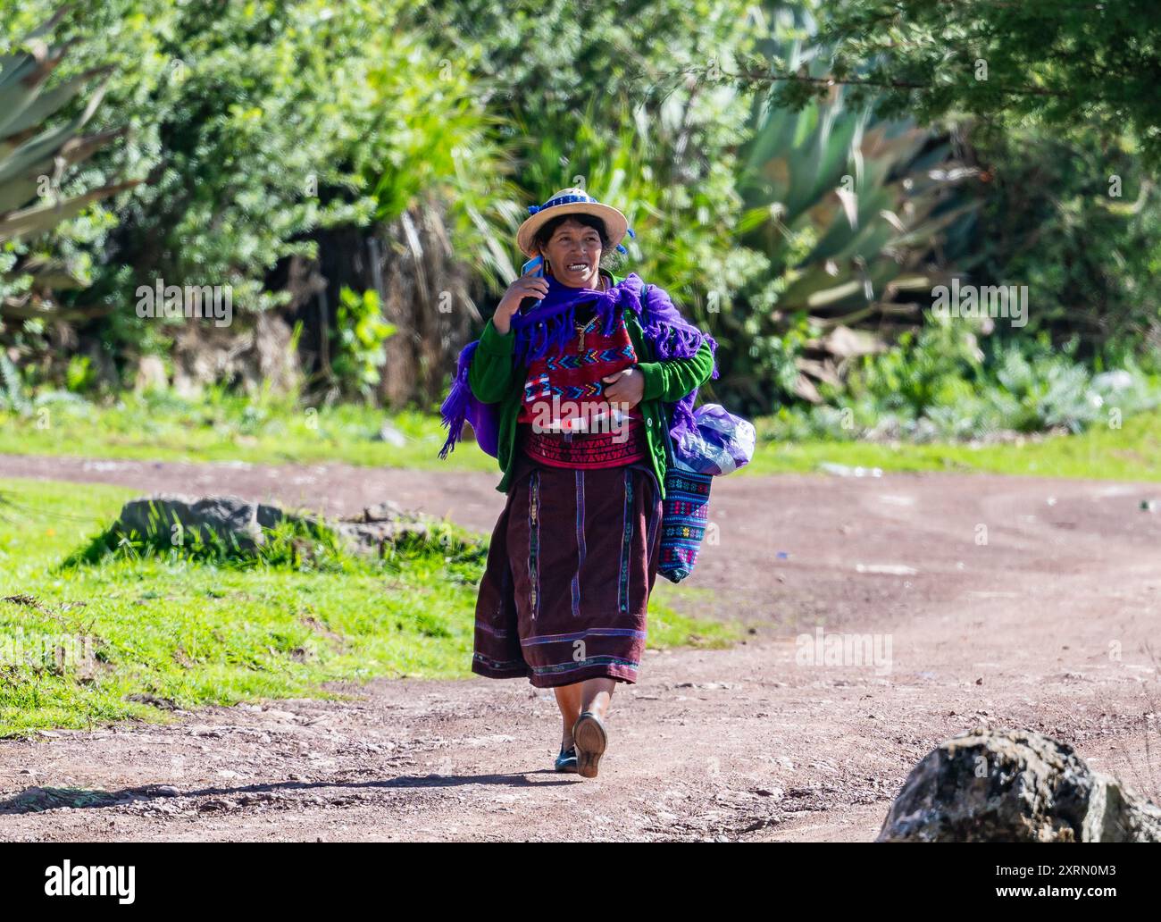 Femme autochtone Mam maya dans des vêtements tissés traditionnels colorés à la main parlant sur un téléphone portable. Todos Santos Cuchumatan, Huehuetenango, Guatemala. Banque D'Images