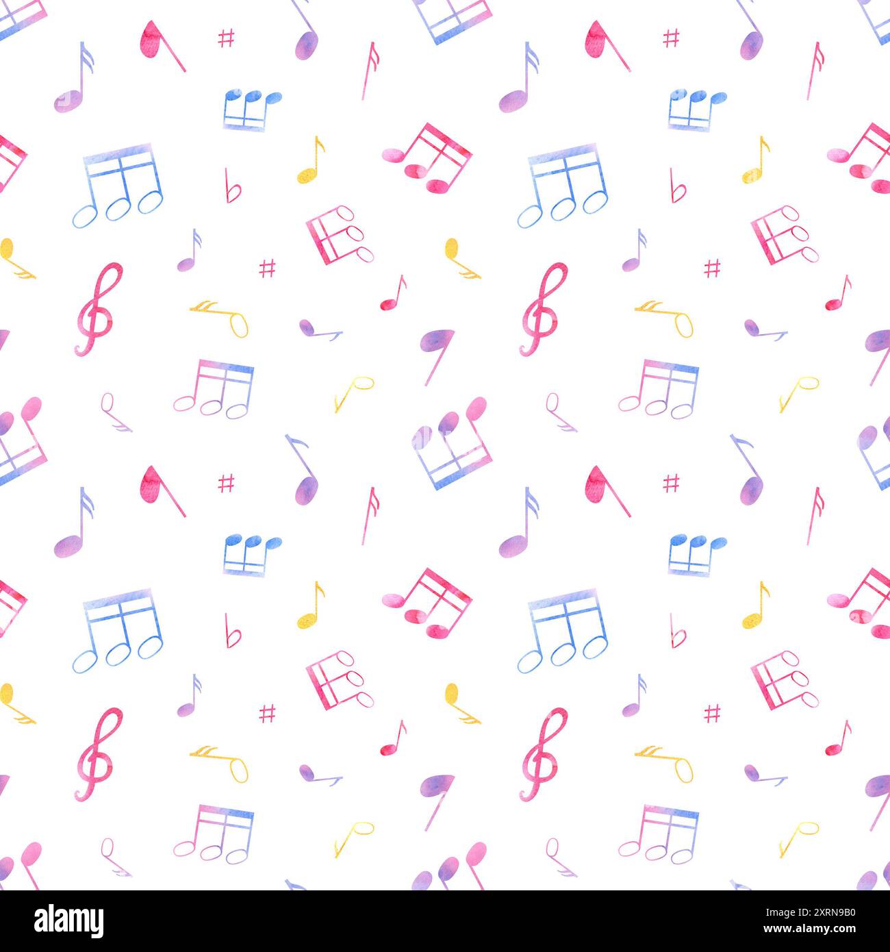 Notes de musique colorées volantes. Modèle sans couture avec symboles de note abstraits. Journée internationale de la musique. L'éducation musicale. Illustration aquarelle. Banque D'Images