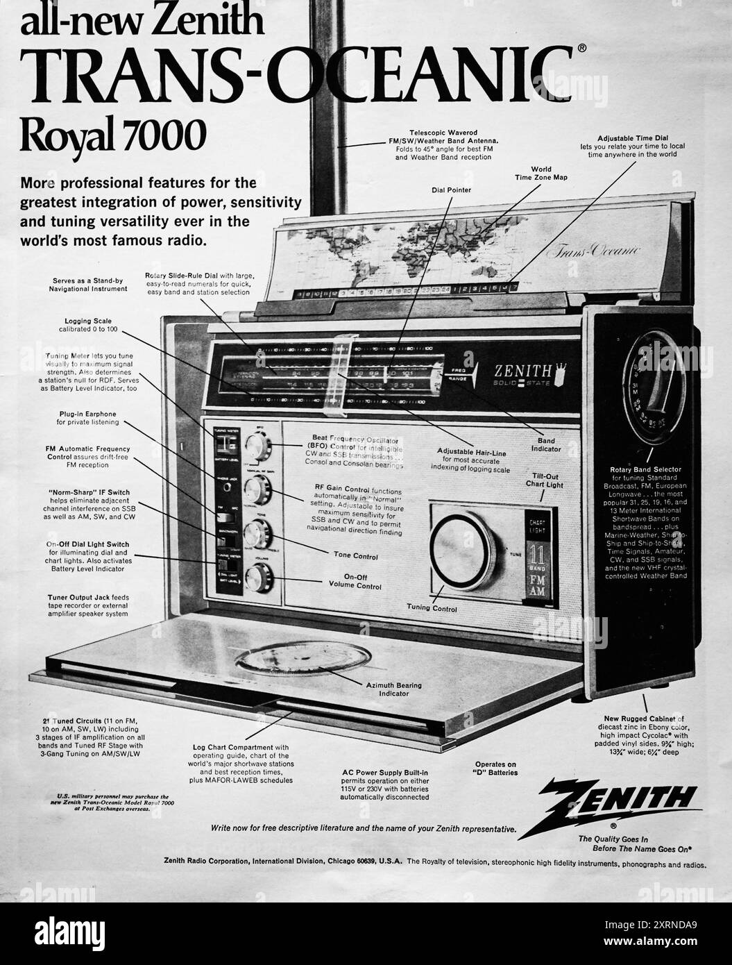 Une publicité vintage de 1970 mettant en vedette la radio Zenith TRANS-Oceanic Royal 7000, détaillant ses caractéristiques et caractéristiques uniques pour les auditeurs exigeants. Banque D'Images