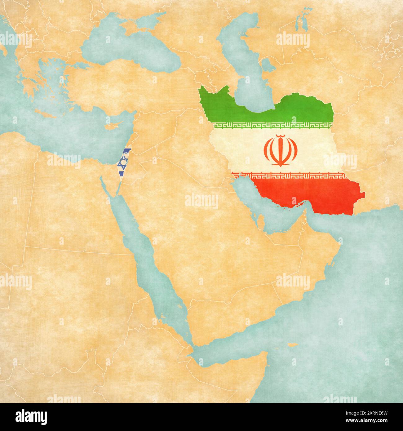 Drapeau d'Israël et de l'Iran sur la carte du moyen-Orient (Asie occidentale) dans un style grunge doux et vintage, comme du vieux papier avec de la peinture à l'aquarelle. Banque D'Images