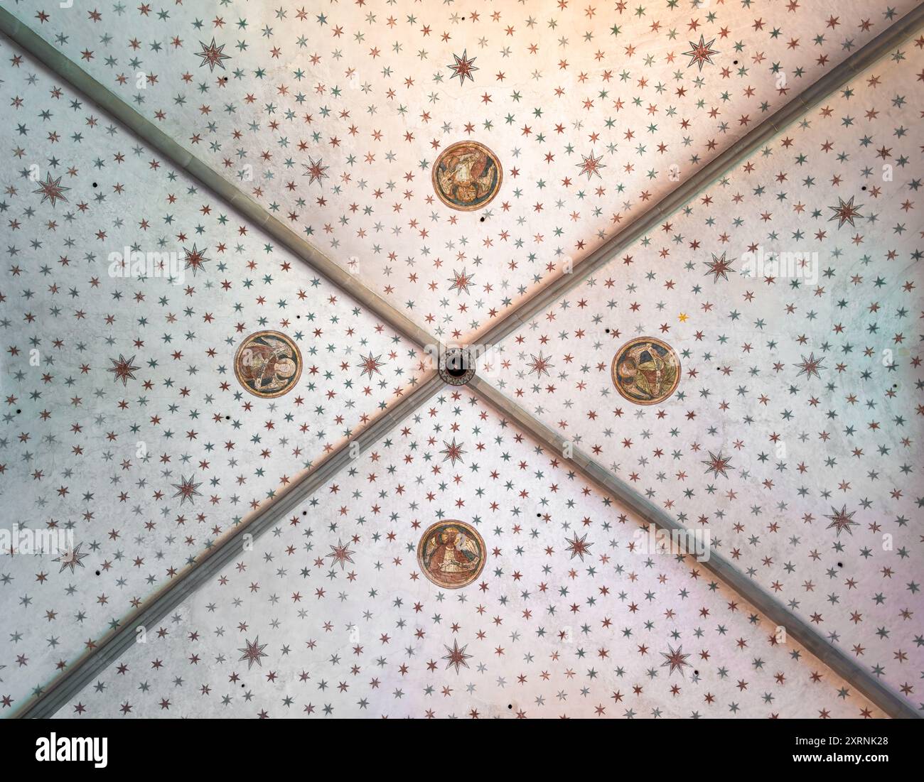 Plafond historique orné de motifs étoiles et de médaillons dans des tons pastel doux. Banque D'Images